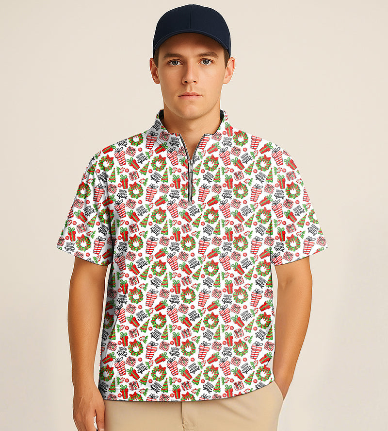 Men's half zipper turtleneck golf shirt with Christmas gift embroidery and festive pattern