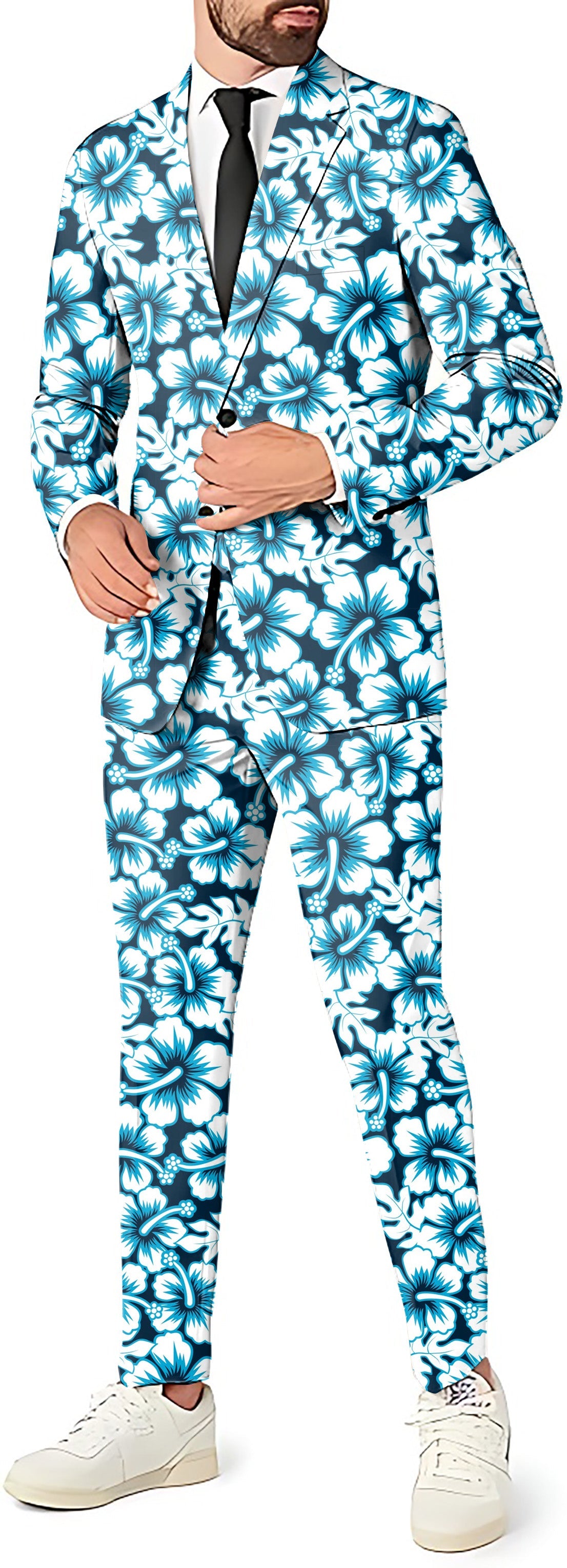 Hawaiian Hibiscus men's party suit set with blazer, pants, and vest in blue and white floral print