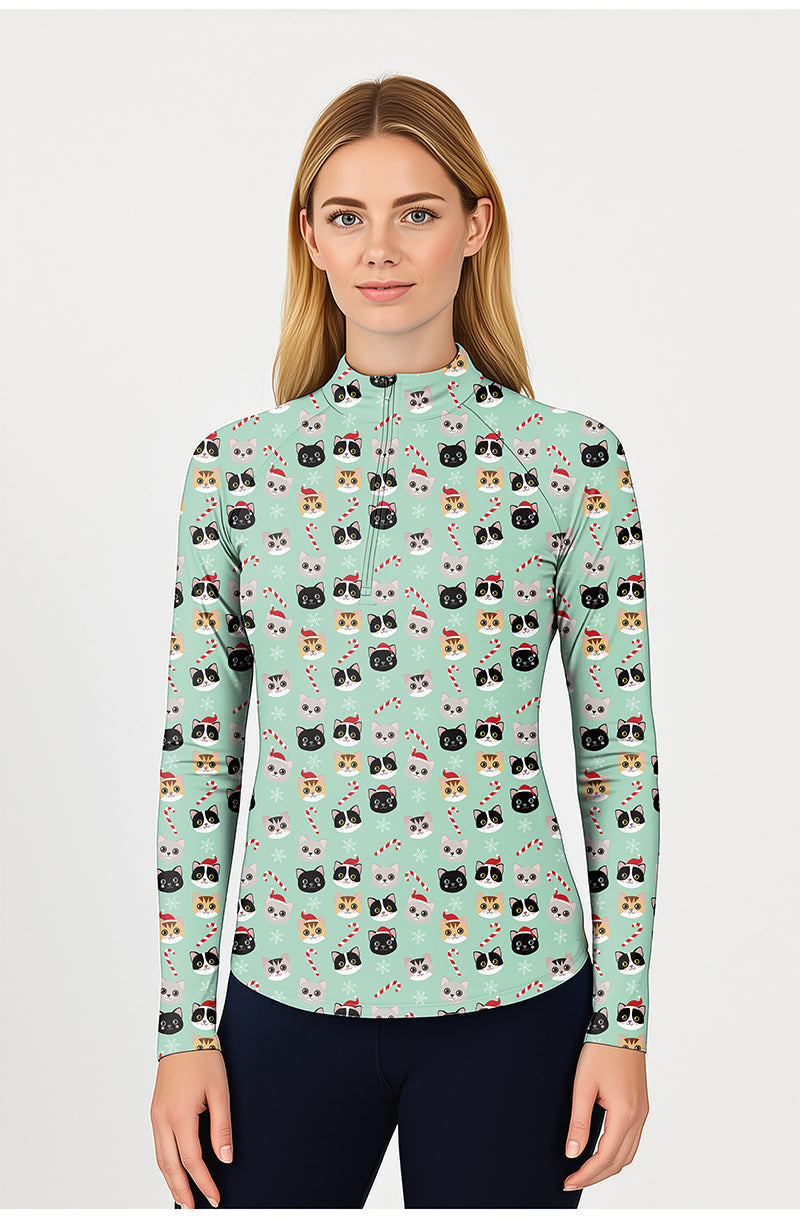 Christmas cat women's golf 3/4 zip top with long sleeves and festive cat print