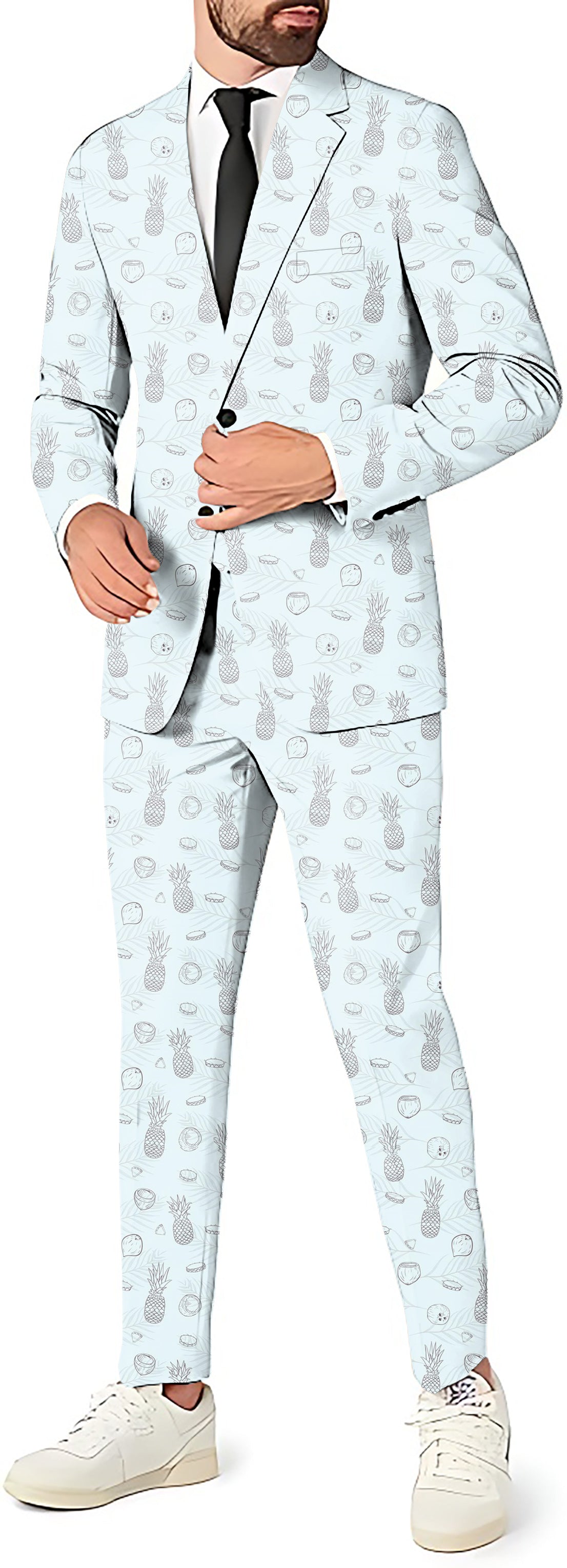 Pina Coloda Men's white pineapple print party suit with blazer, pants, and vest set