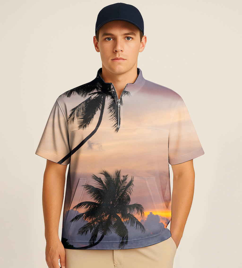 Man wearing half zipper turtleneck golf shirt with sunset palm tree embroidery and navy cap