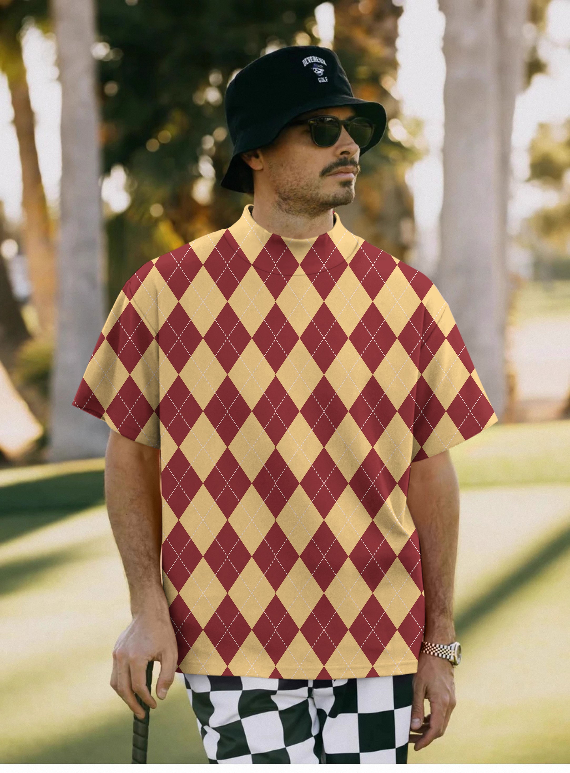 Men's yellow red Argyle Pullover High neck Long/Short sleeve T-Shirt