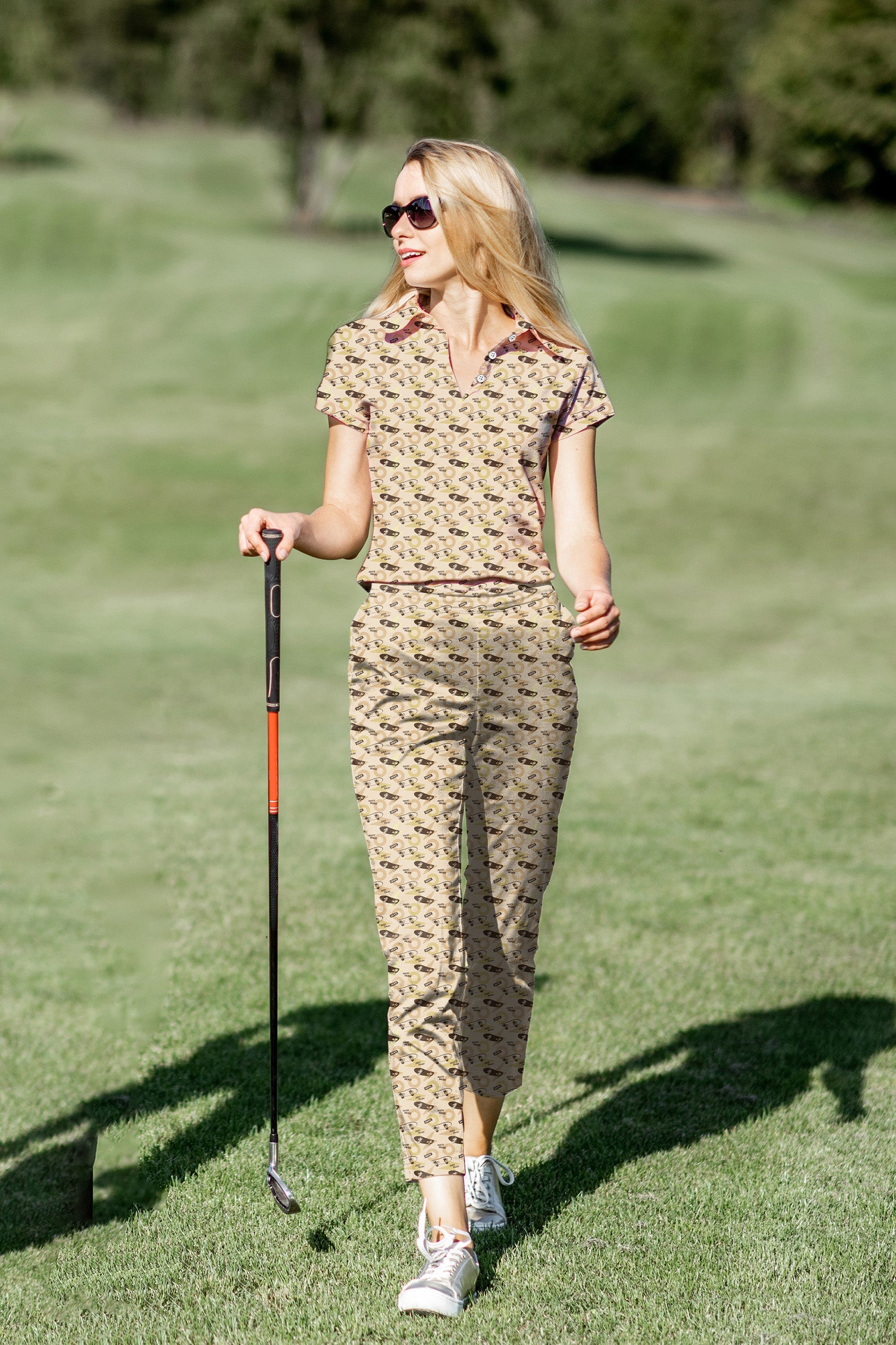 Women’s khaki golf polo and pants set with four-way stretch and UPF 40+ protection