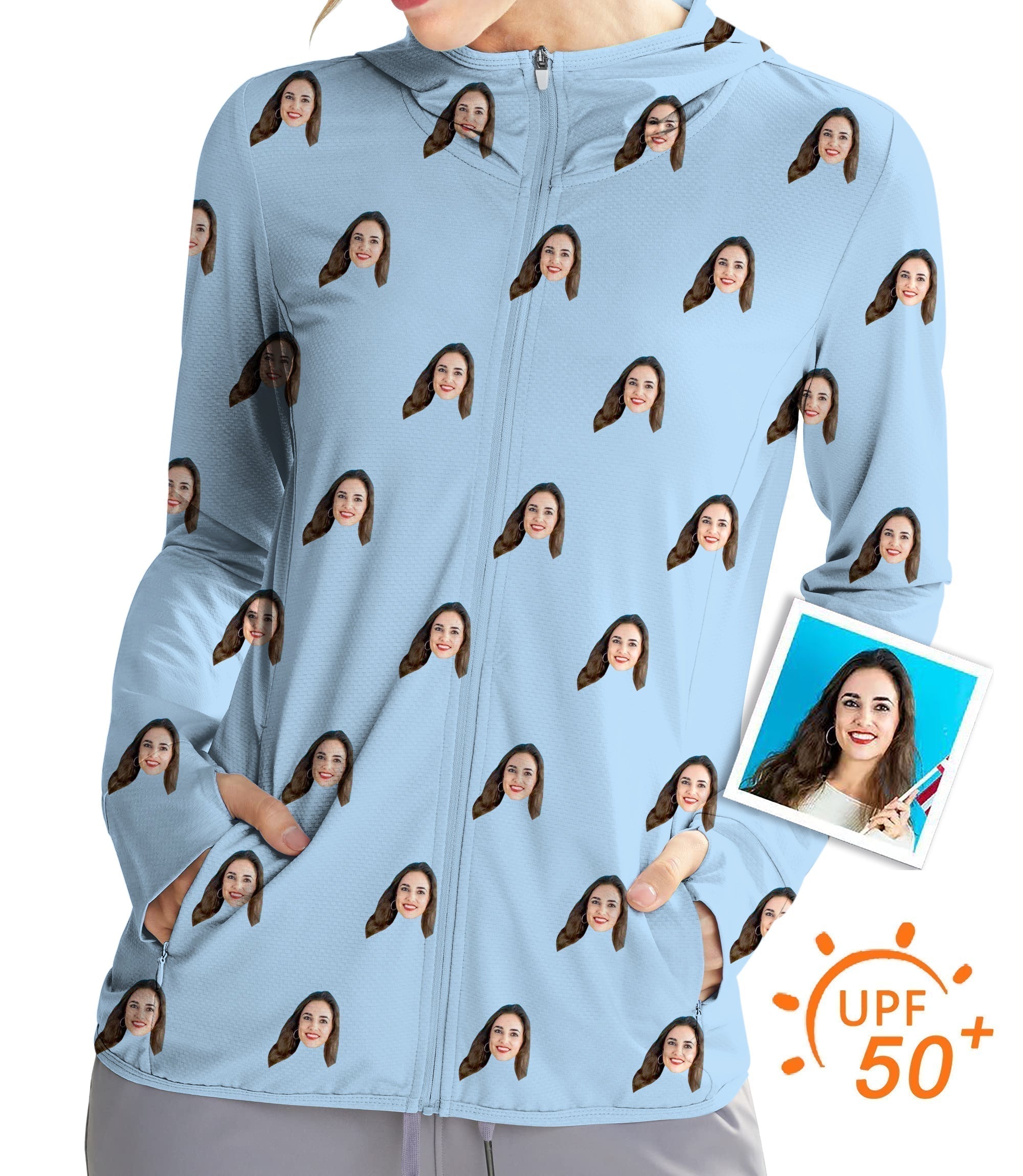 Women's outdoor slim fit zip hoodie with custom photo funny face print and UPF 50+ sun protection