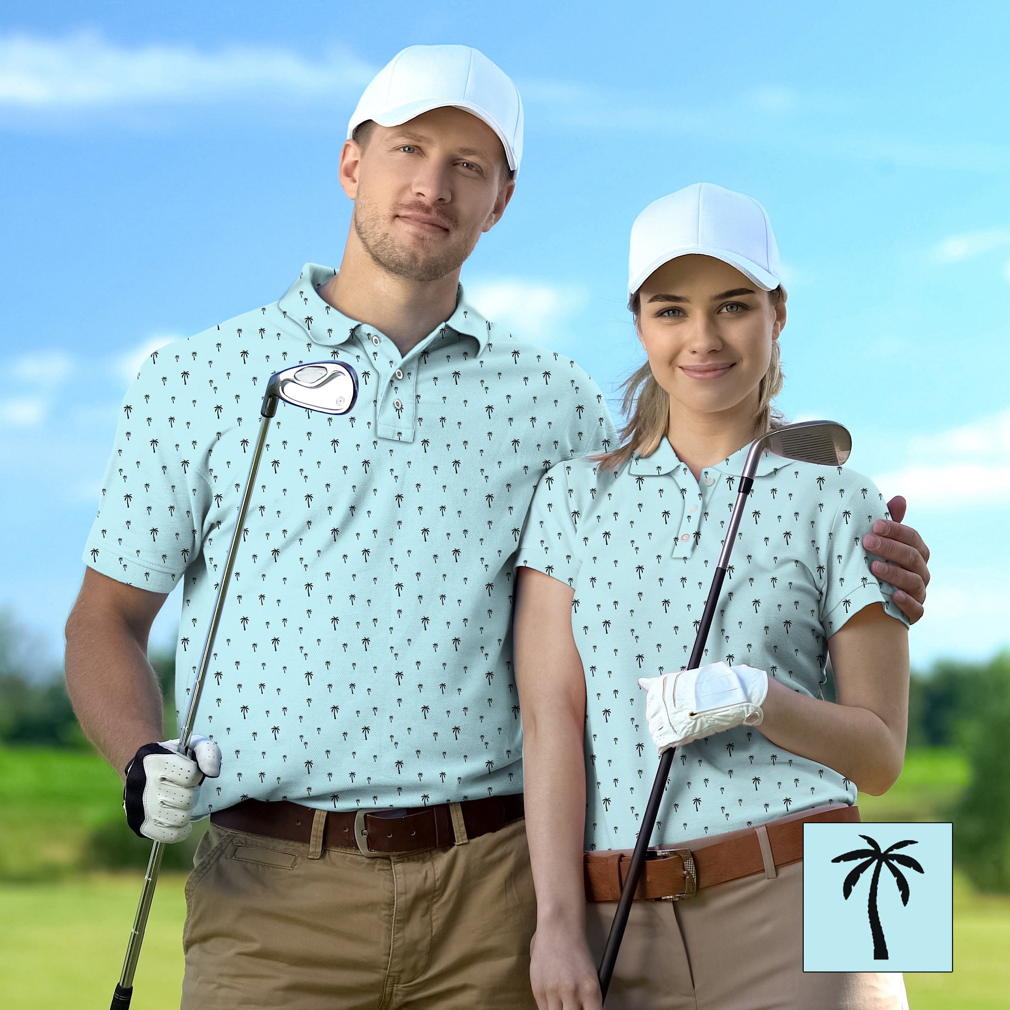 Couple wearing matching light blue palm print golf shirts with white caps holding golf clubs on course