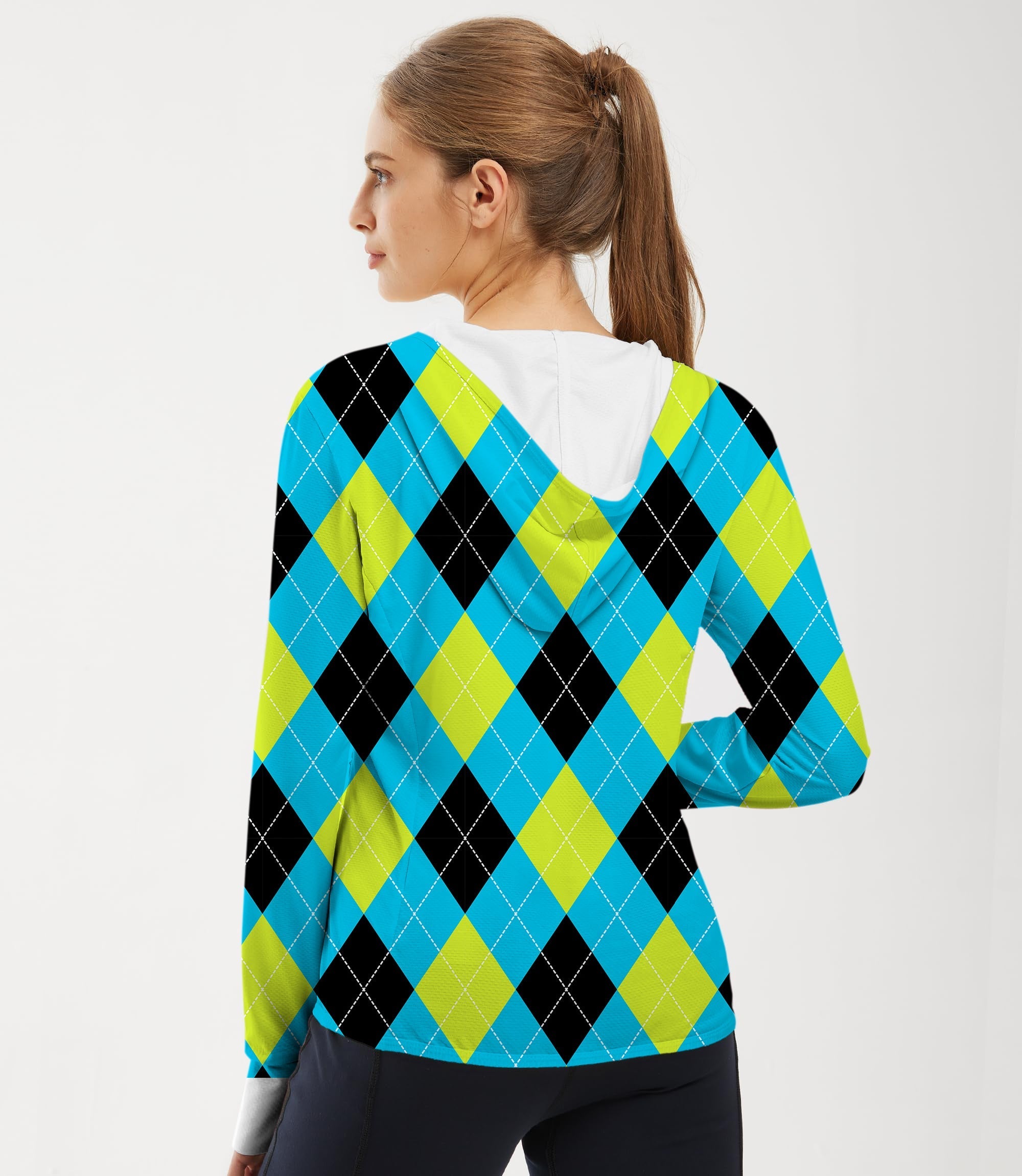 Women's outdoor Halloween zip hoodie with black, green, blue, and white argyle pattern, slim fit and sun protection.