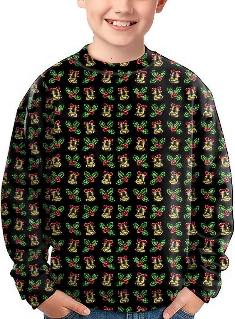 Kids Christmas neon lights crewneck pullover with festive bell and holly pattern