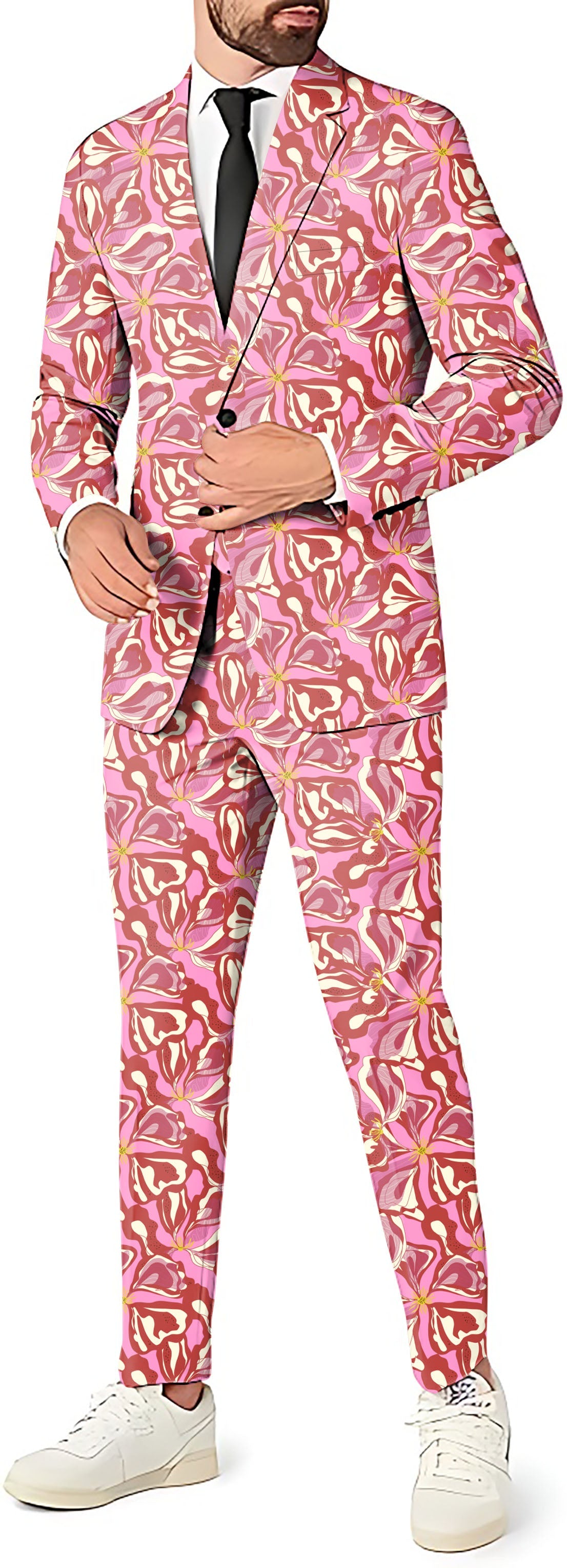 Sunset Blossom men's party suit set with blazer, pants, and vest in floral pink pattern