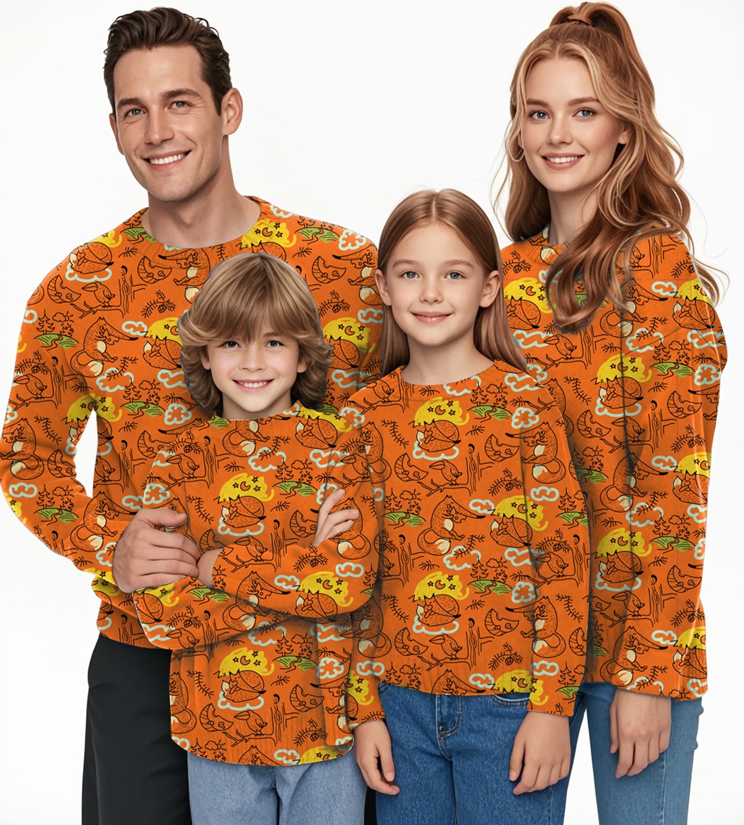 Family wearing orange Lazy fox crewneck ugly sweaters with cartoon fox pattern