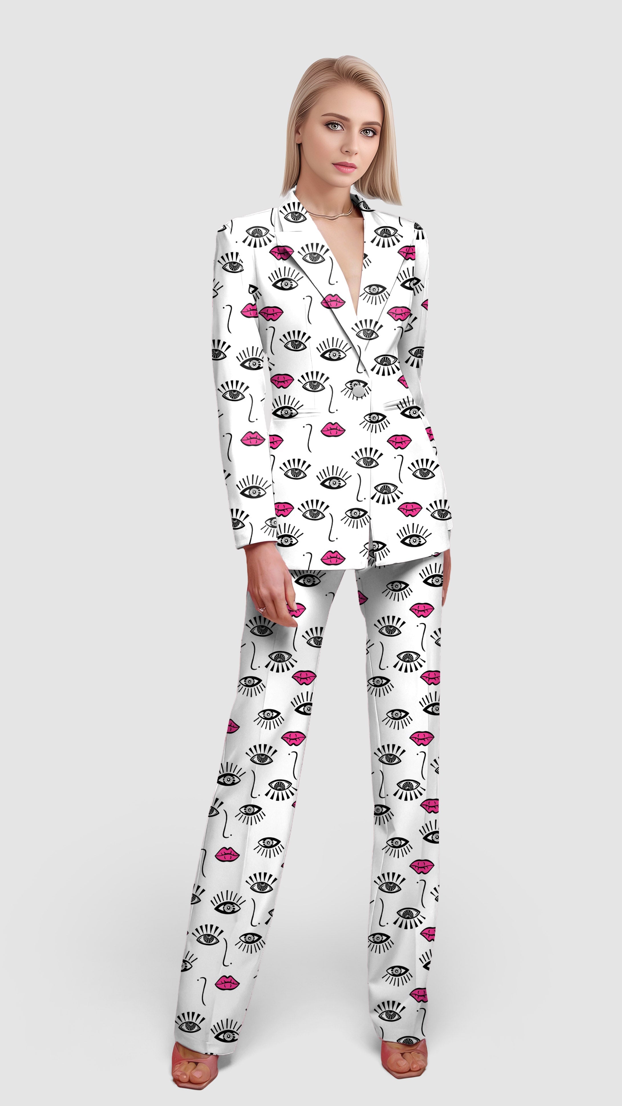 Women's Sexy red lips white blazer suit set with eye and lip print for casual or office wear