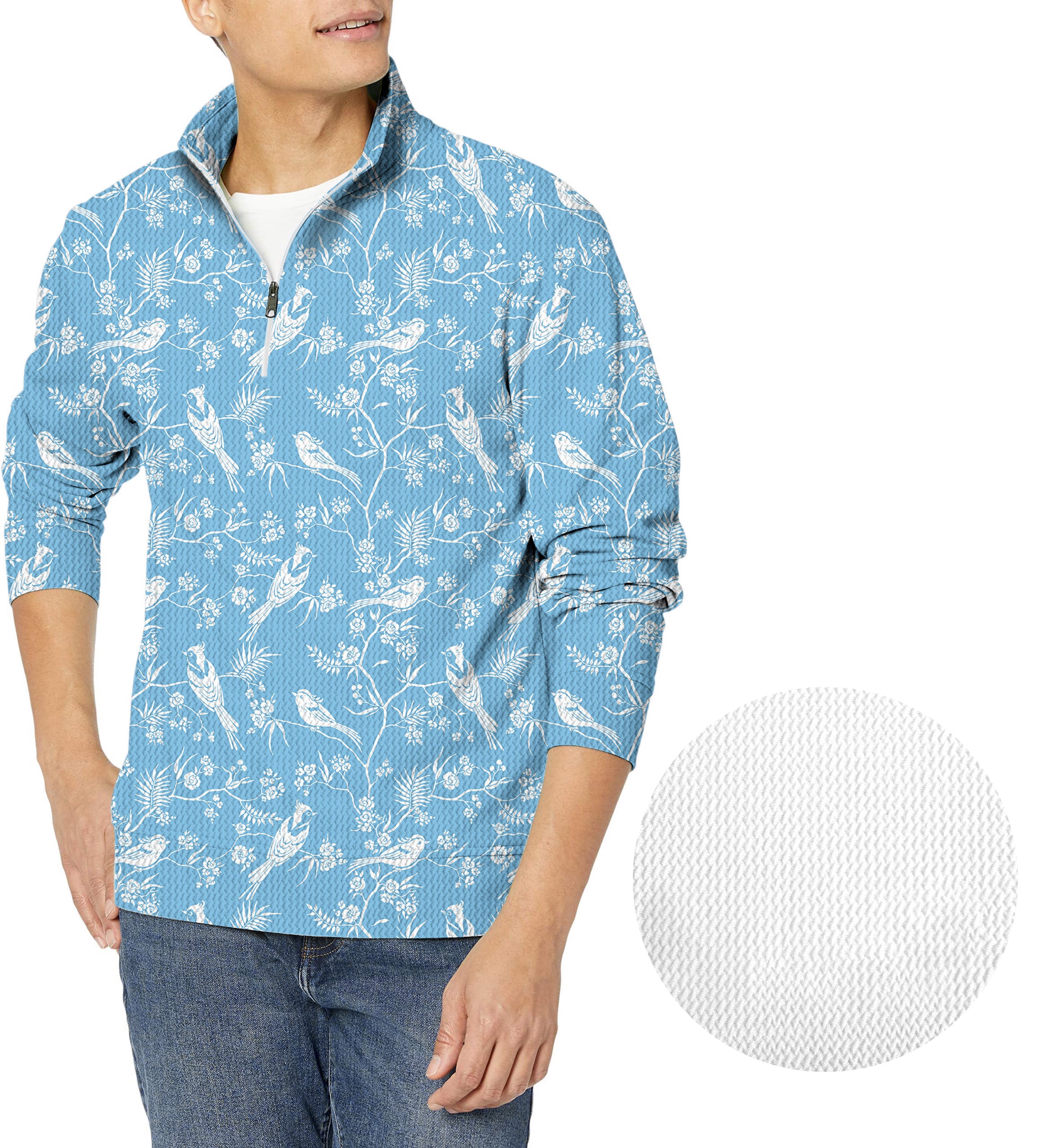 Blooming Branches Trees and Birds-Men's Golf Waffle Zipper Pullover
