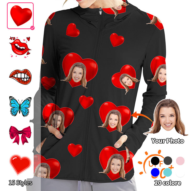 Valentine's Day Women's Outdoor Custom Photo Face Custom Color Black Love Golf Sun Protection Slim Fit Zip Hoodies