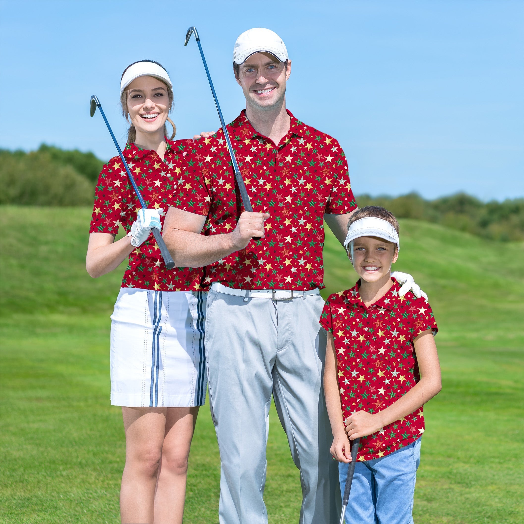 Family wearing matching colorful star golf shirts on course with clubs