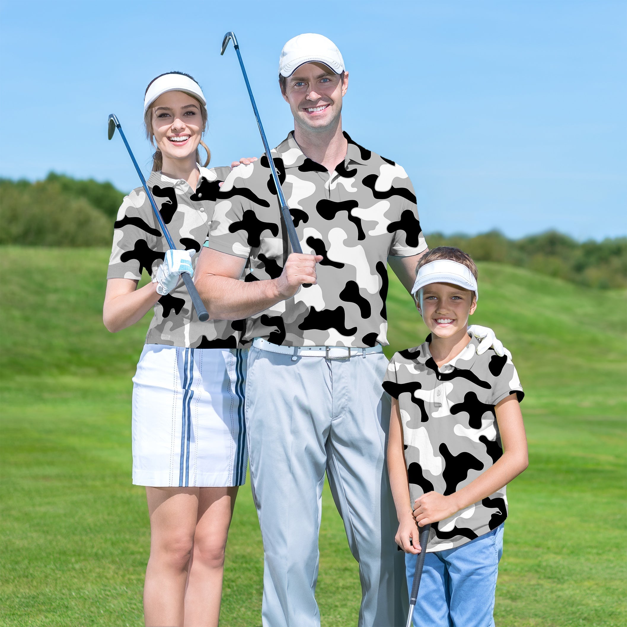 Golf polo couple and child wearing grey camouflage tournament limited edition set on golf course