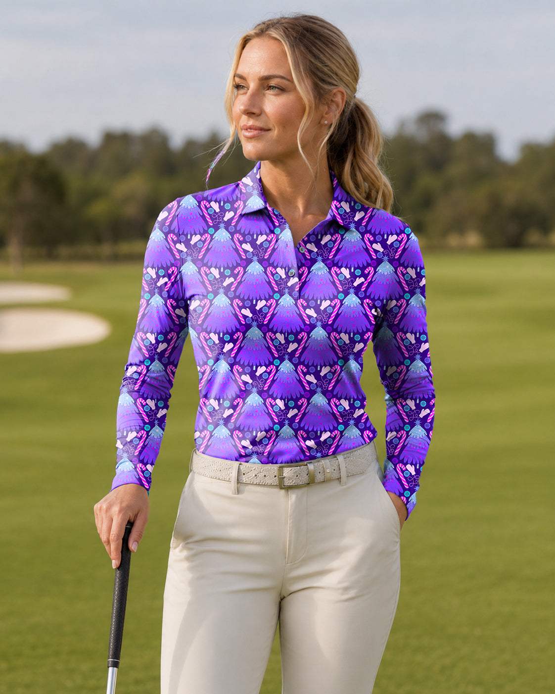 Magical Christmas Tree Women's Long-Sleeved Golf Polo