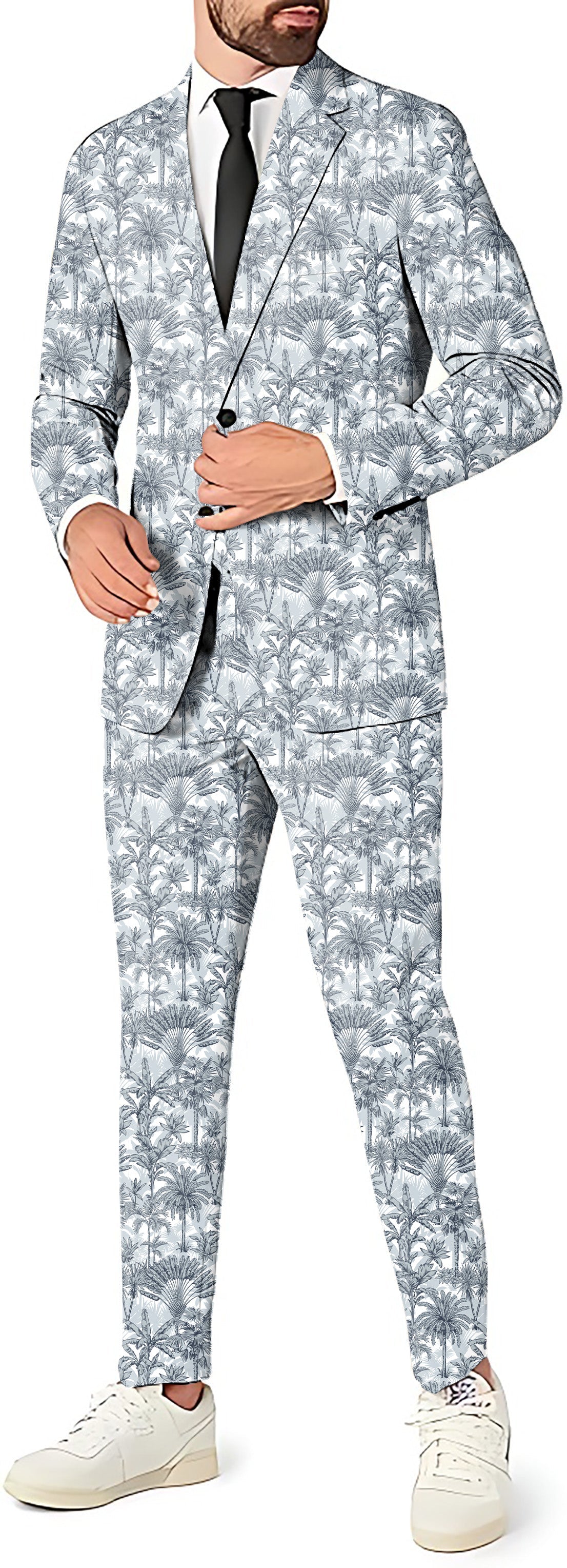 Twilight Palms Men's party suit with blazer, pants, and vest featuring a palm tree pattern in slim fit style