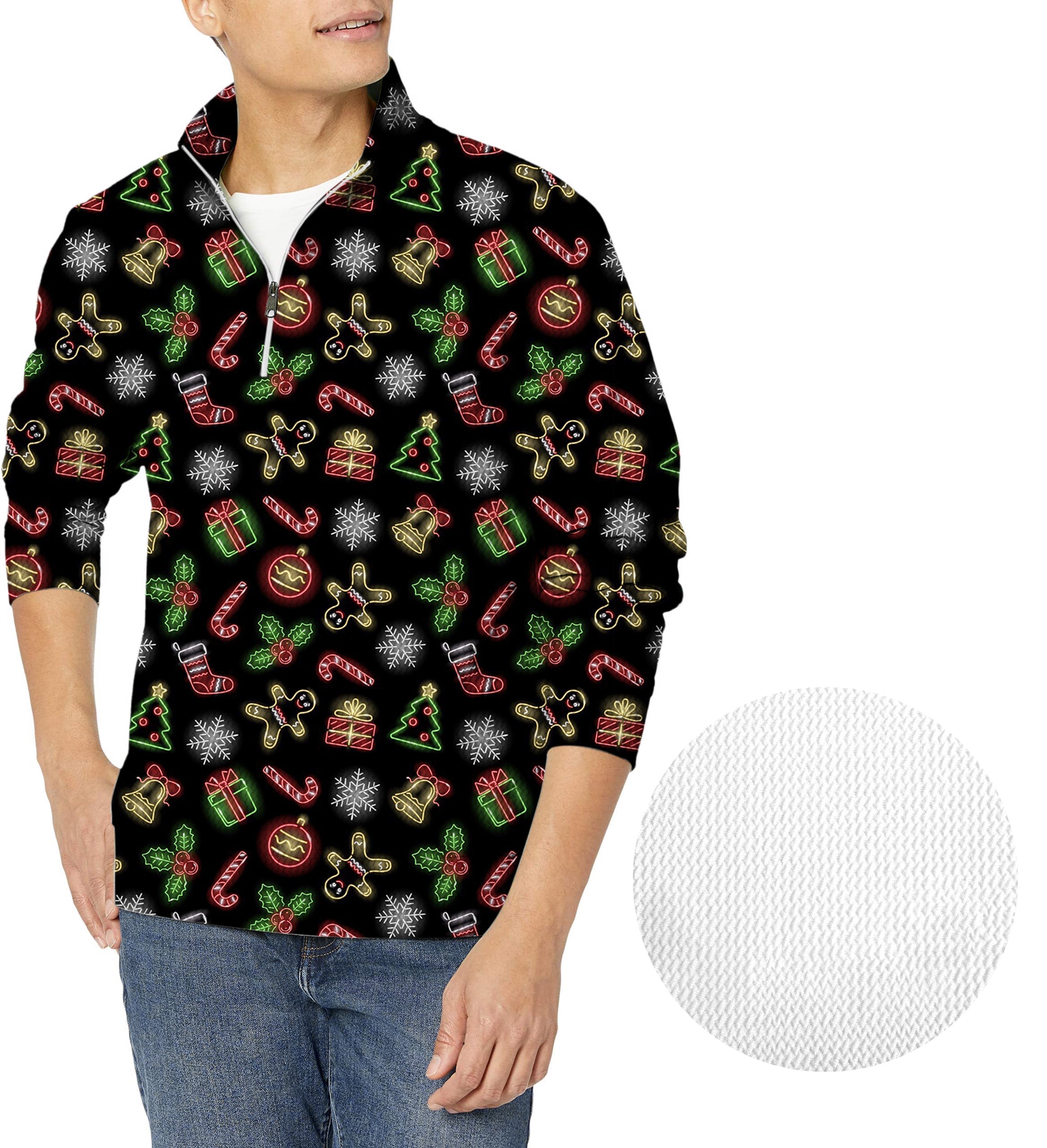 Men's Christmas cartoon golf waffle knit zipper pullover with festive holiday pattern