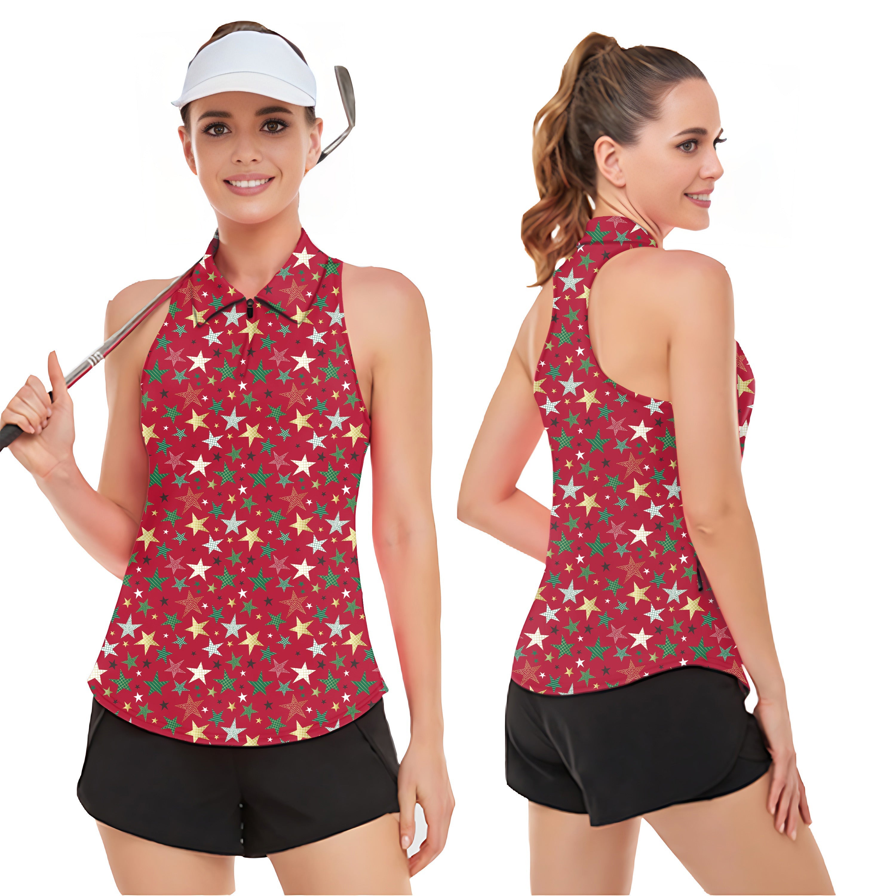 Women’s sleeveless golf tank top with colorful stars Christmas print, breathable and moisture-wicking polo shirt with UPF50+ sun protection