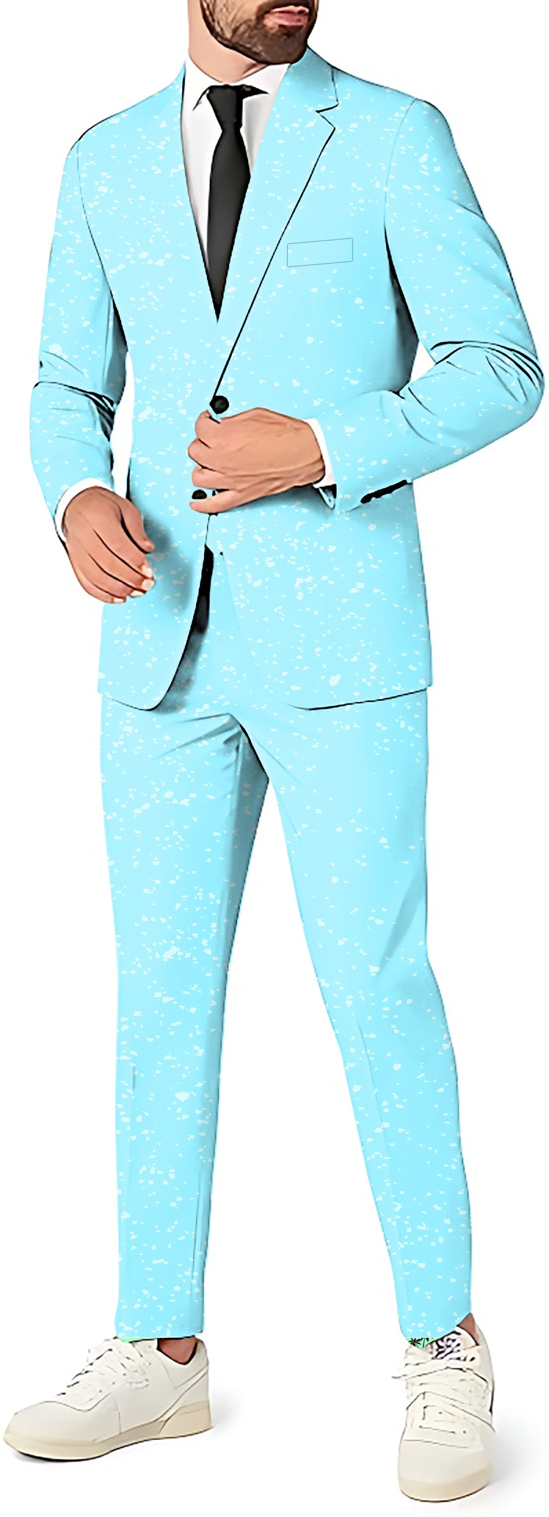 Two tone men's party suit set with blazer, pants, and vest in light blue with white pattern