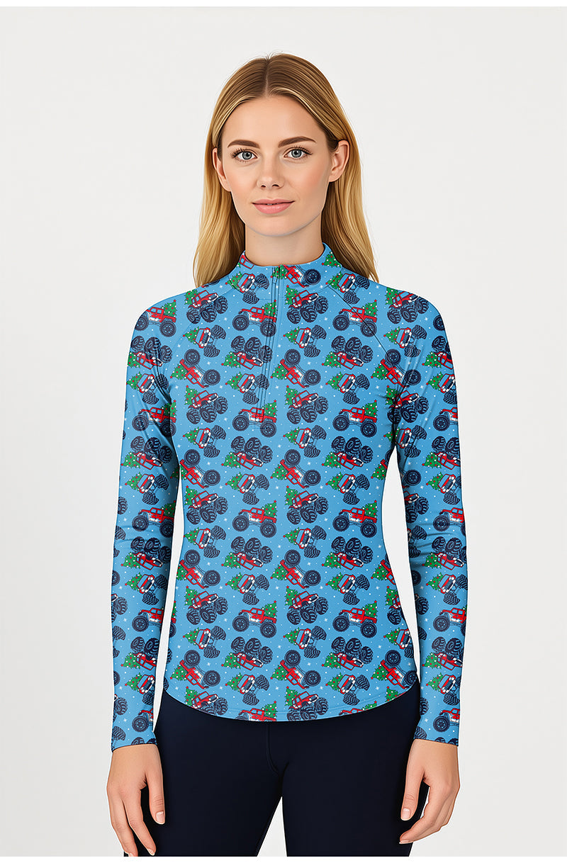 Christmas truck women's golf active 3/4 zip top with long sleeves and festive truck pattern