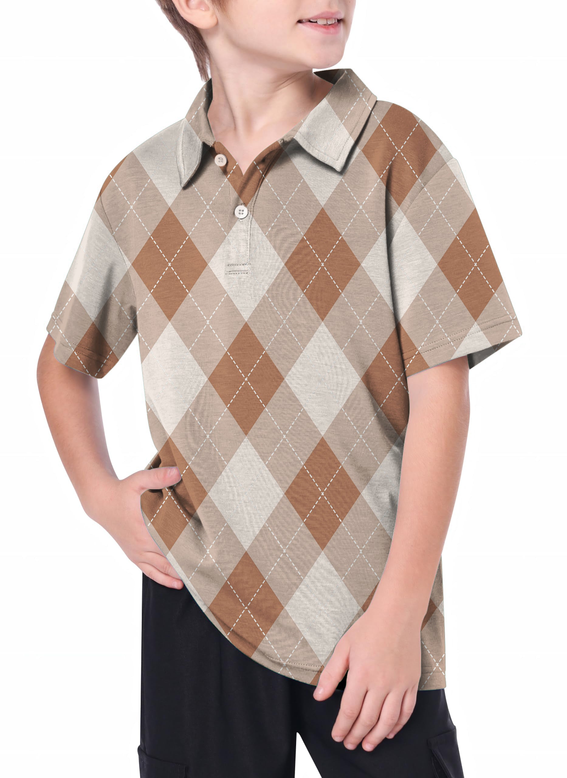 Youth brown argyle golf polo shirt with 4-way stretch, moisture wicking, and UPF 40+ for youth women's outdoor activities