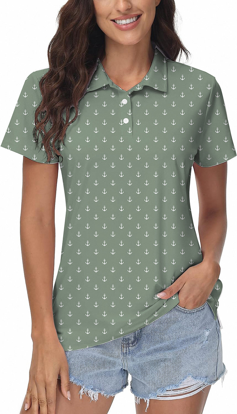 Light green women's golf polo with white anchor pattern, moisture-wicking fabric, wrinkle resistant, UPF 40+ protection, and classic fit