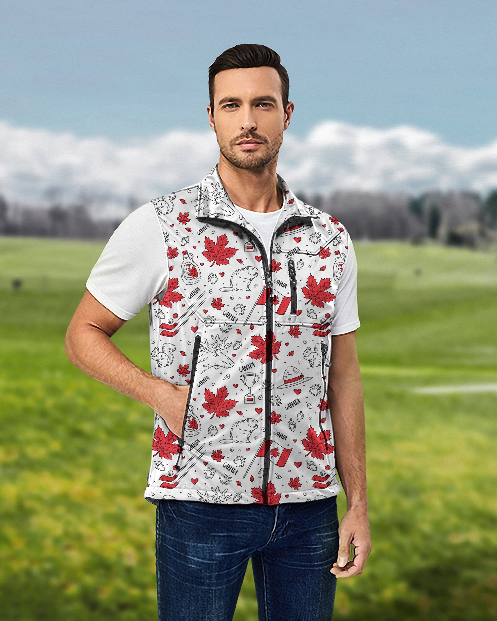 Men's Canadian Balloon Squirrel softshell vest with maple leaves, lightweight and windproof for golf.