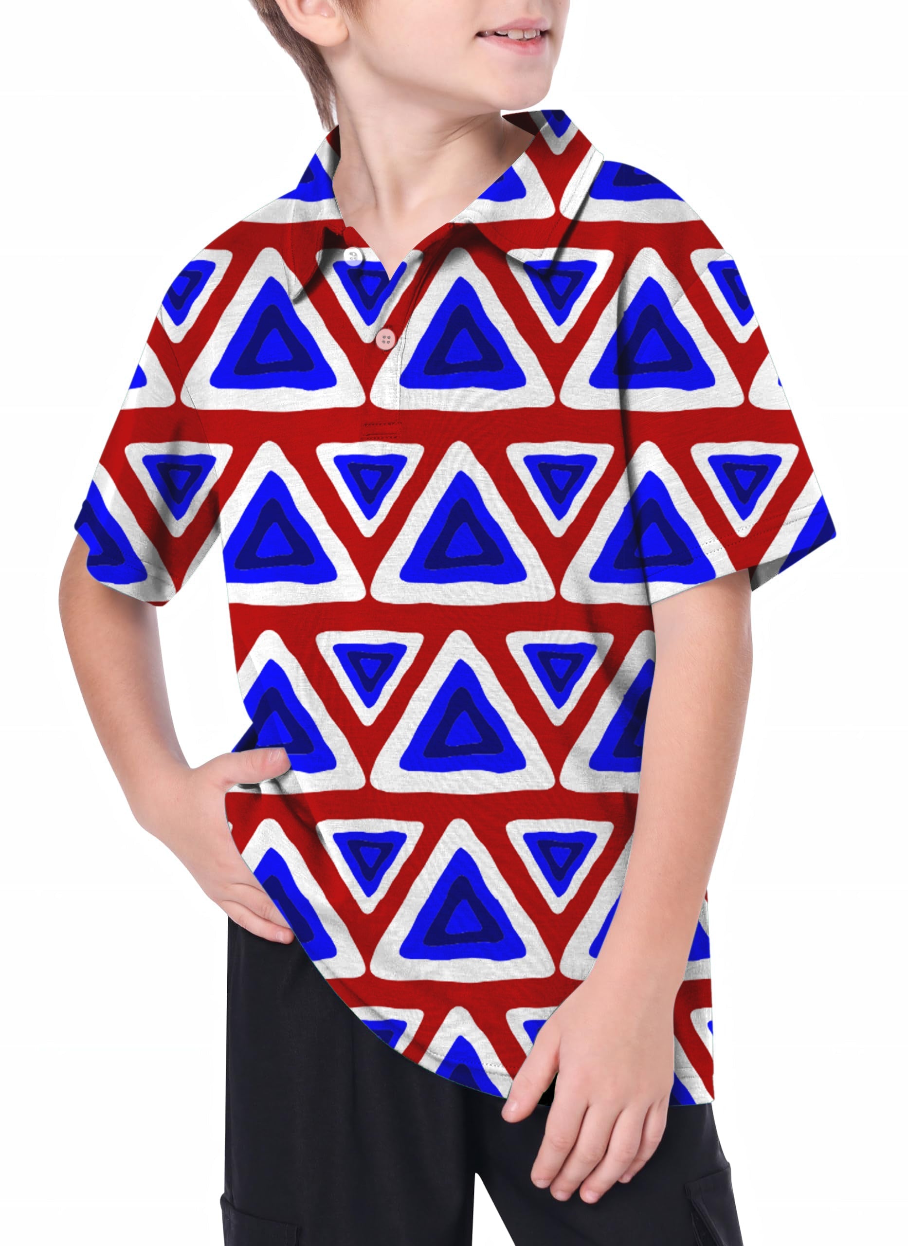 Youth Triangle tribal golf polo shirt with blue and red triangle pattern on a youth model