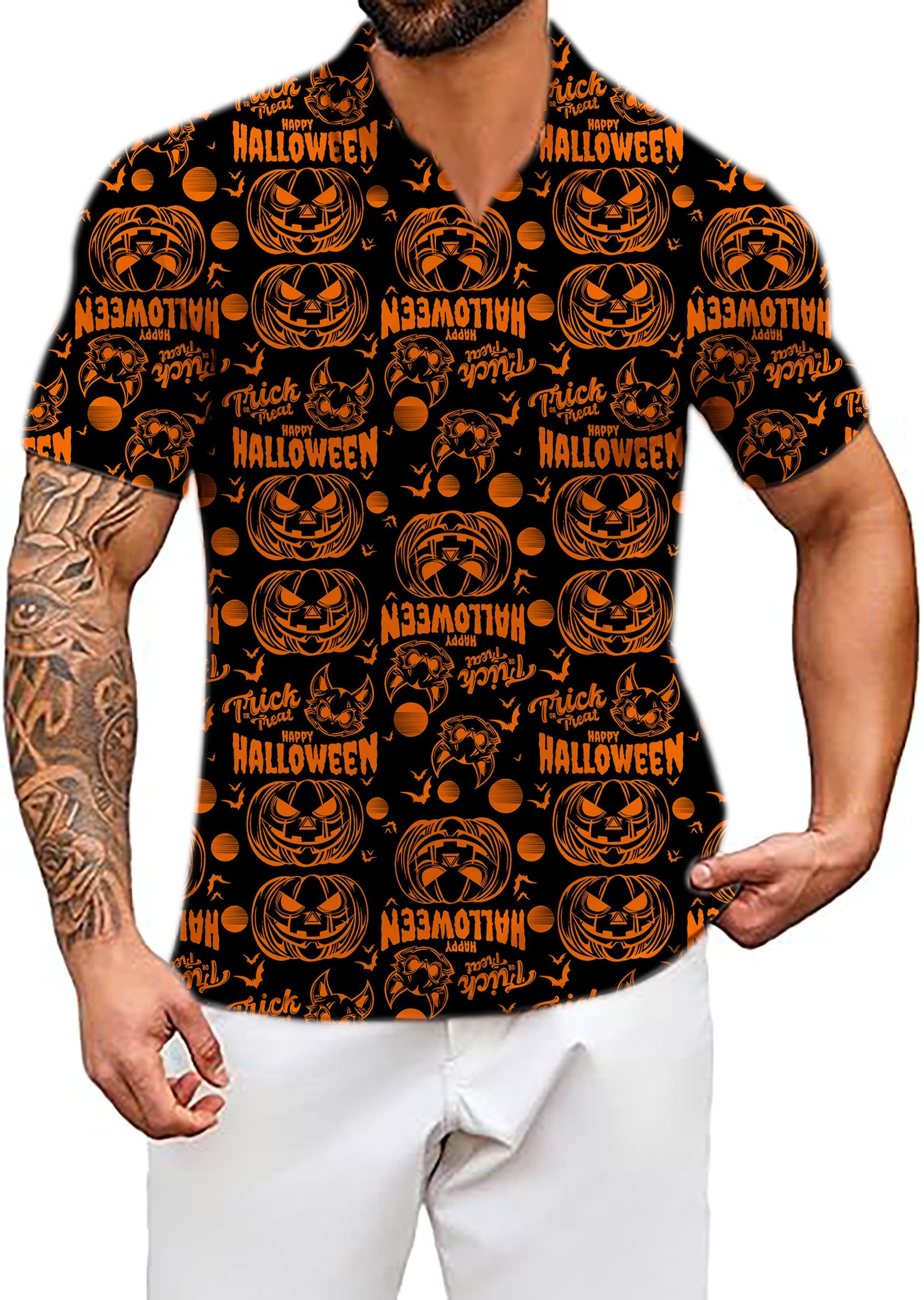 Men's Coconut Palm Happy Halloween pumpkin print V-neck golf polo shirt with four-way stretch and moisture-wicking fabric