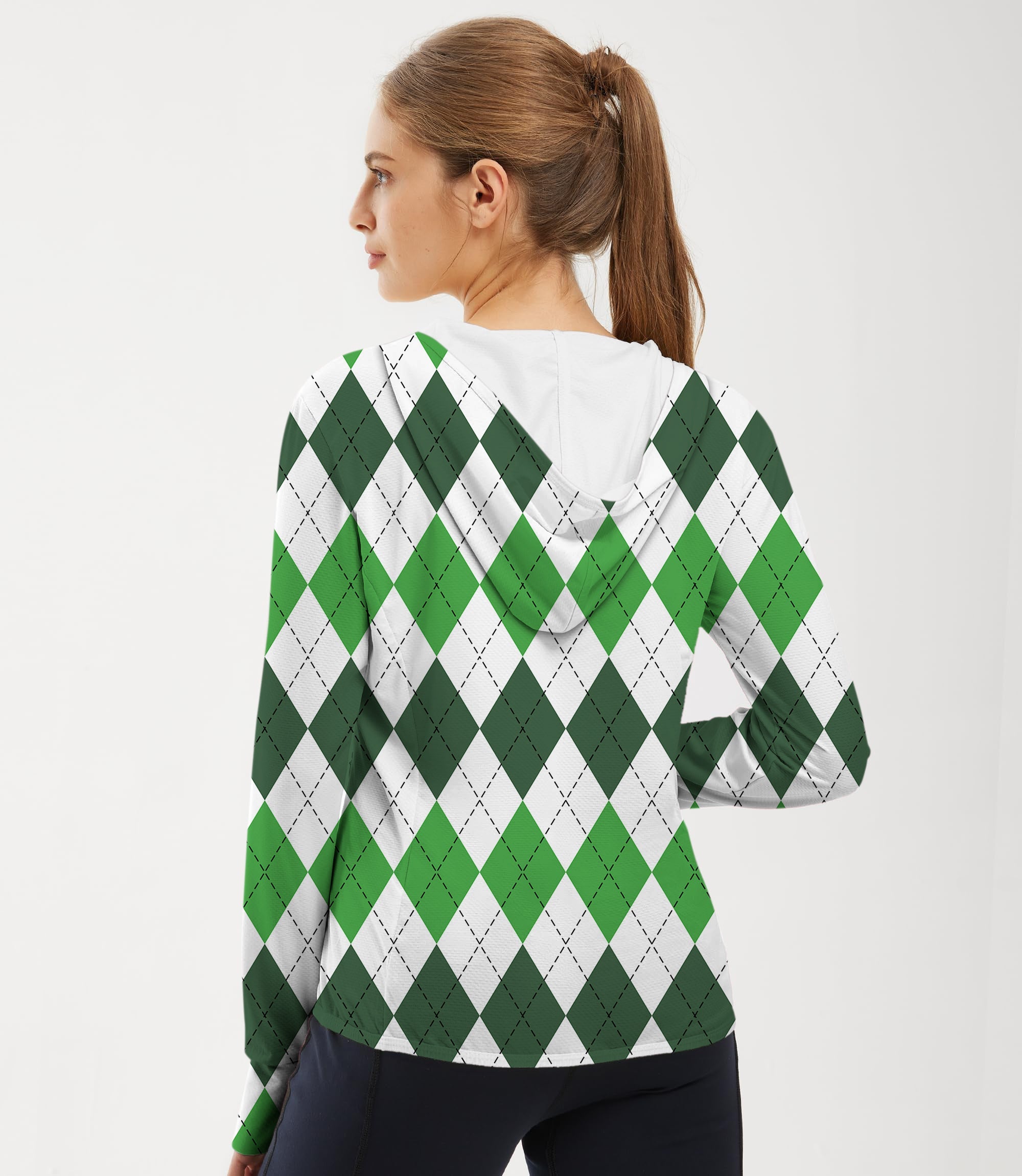 Women's outdoor slim fit zip hoodie with green and white argyle plaid pattern for sun protection