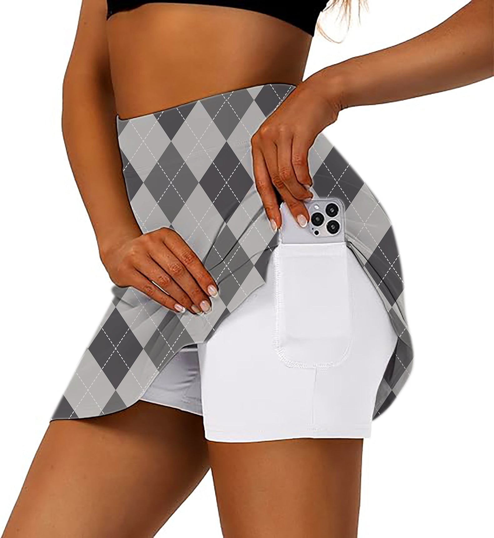 grey Argyle women's athletic golf skort with flared skirt and side pocket for phone