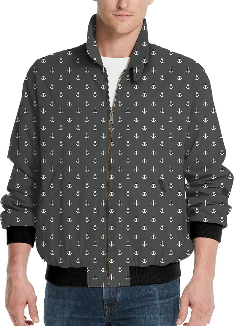 Black Anchor men's golf windbreaker jacket with anchor pattern and zipper closure