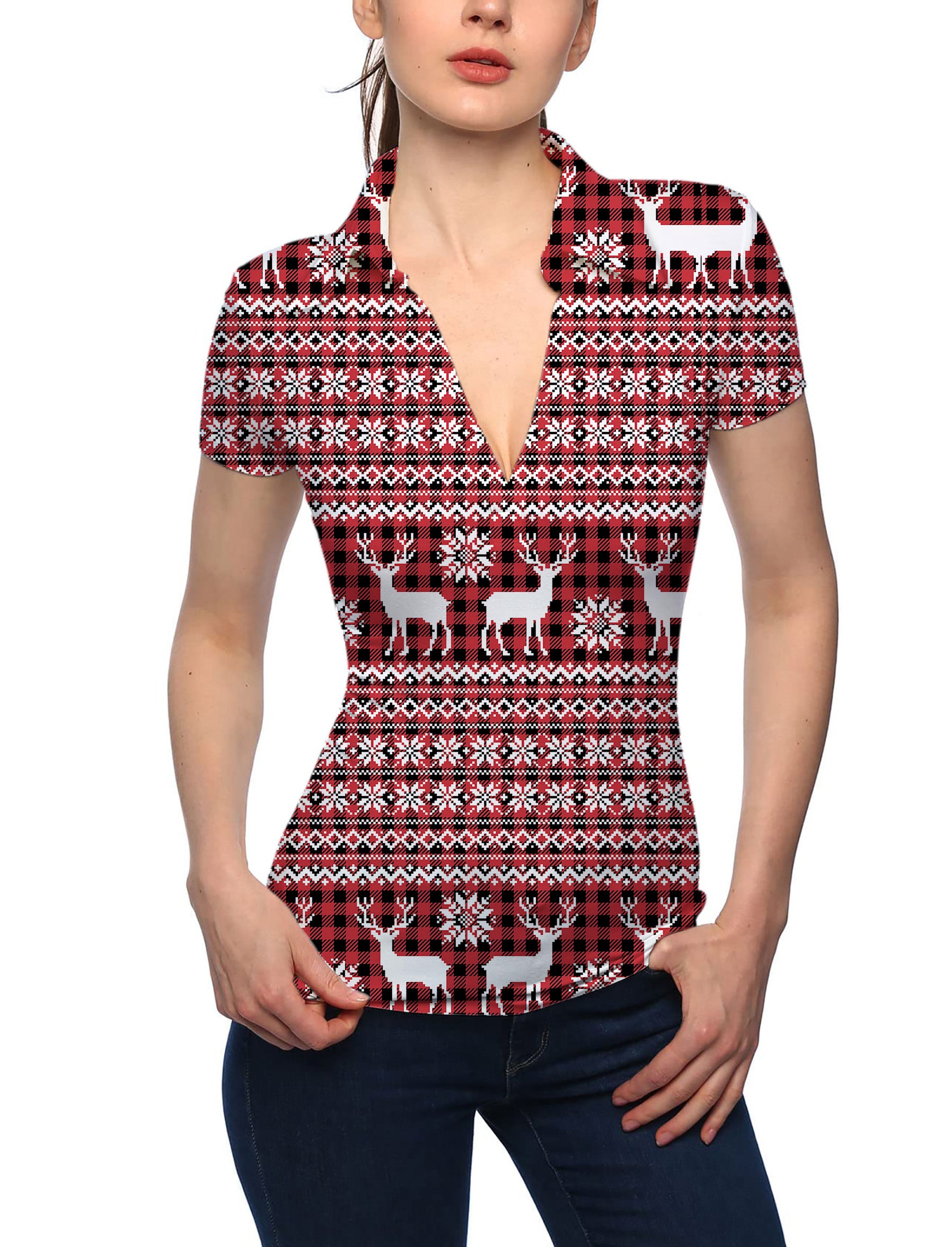 Women's Red Elk deer Christmas V Neck Golf Polo