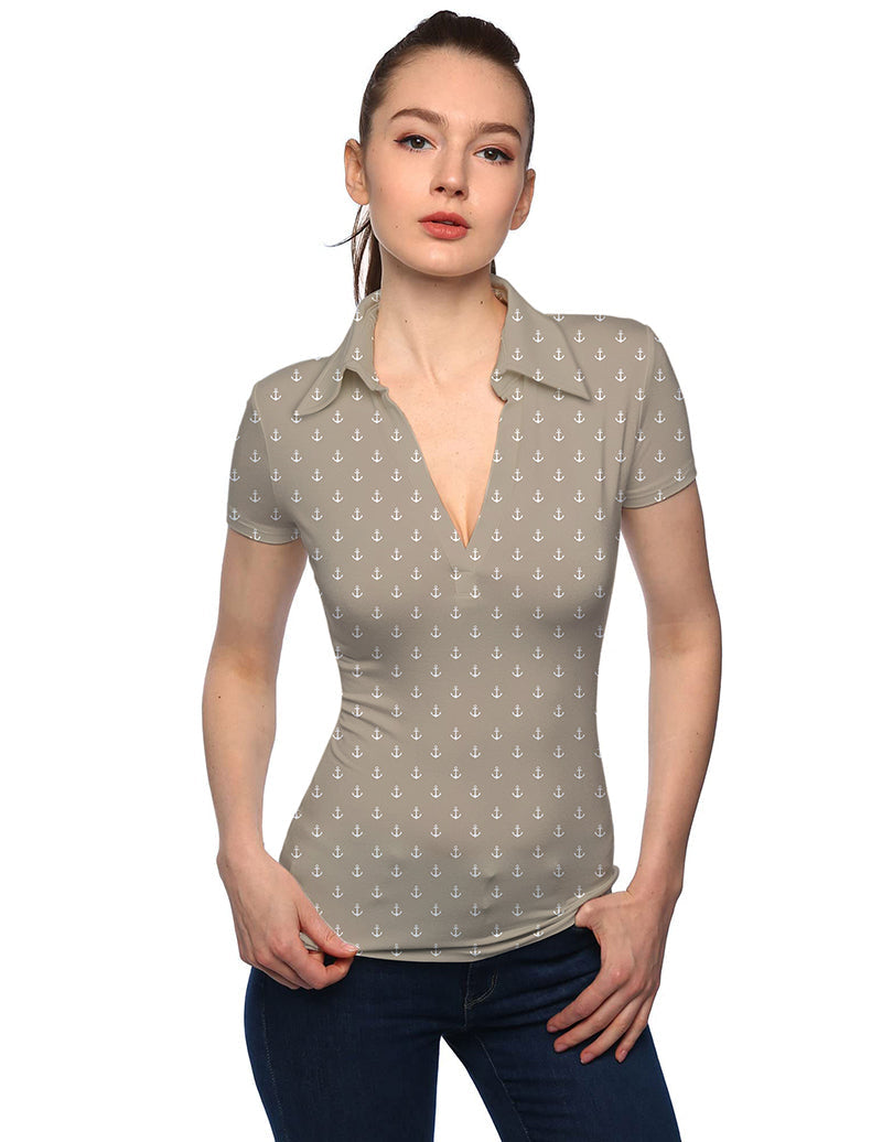 Women's beige anchor print V neck golf polo with stand collar and short sleeves