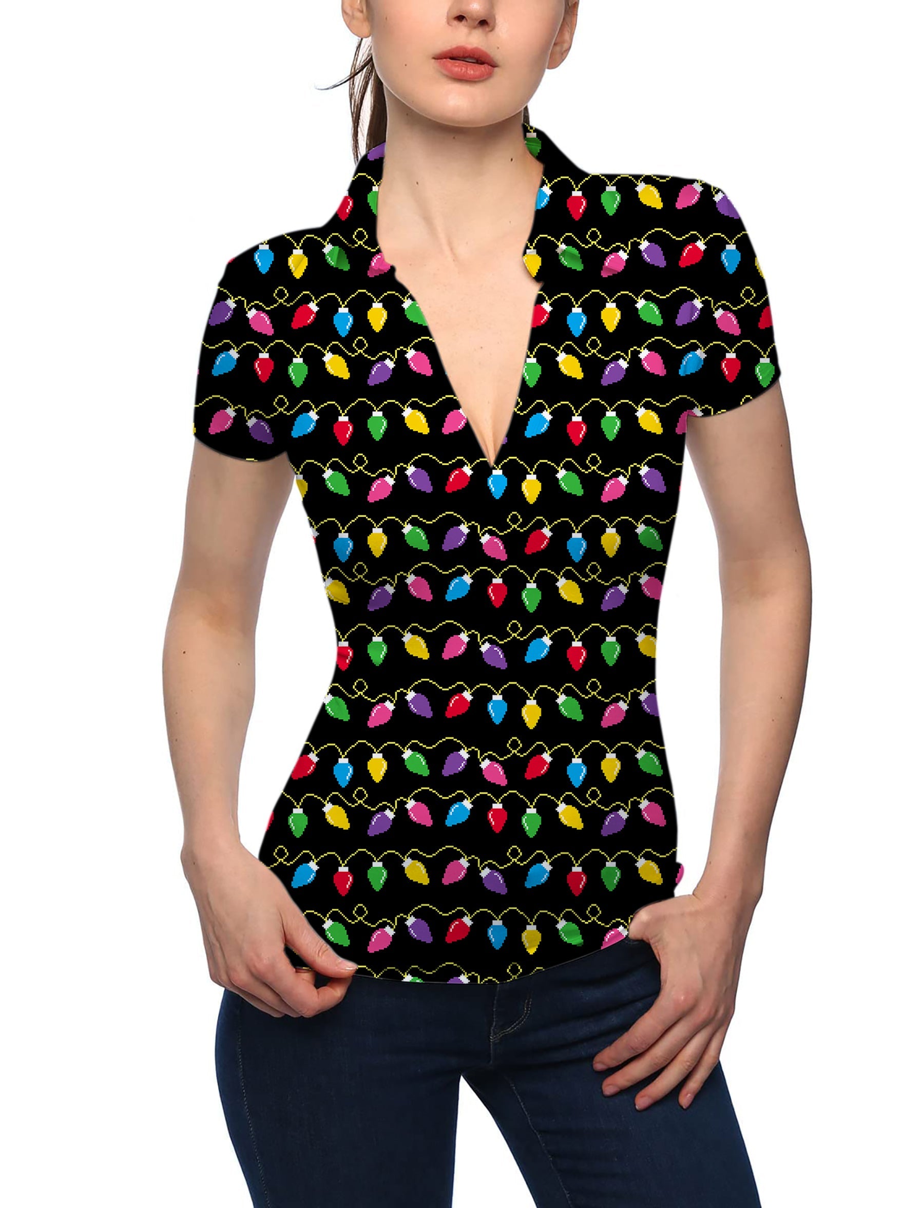 Women's Christmas Lights V Neck Golf Polo shirt with colorful light pattern and short sleeves