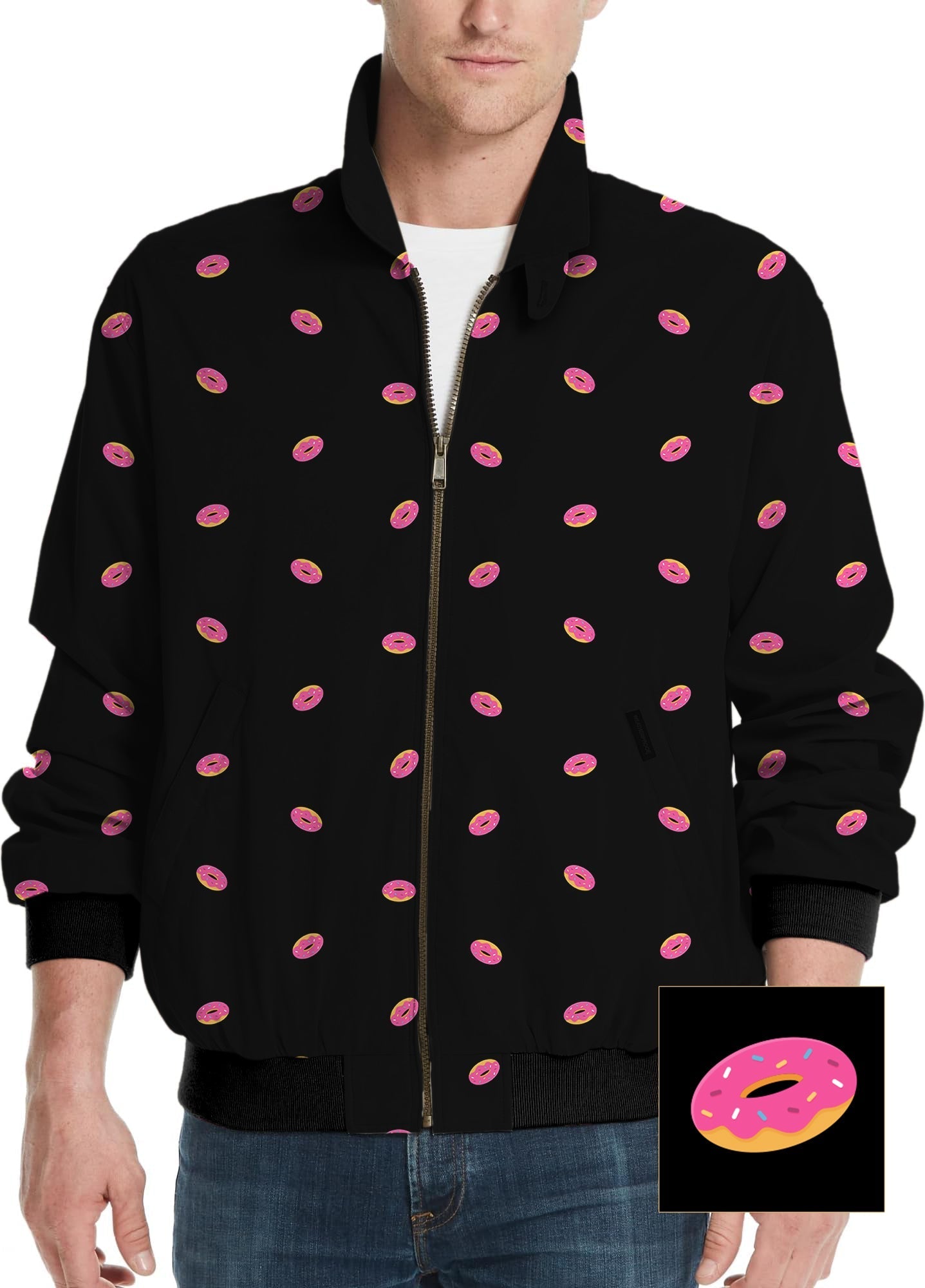 Men's Donut Custom golf windbreaker jacket with pink donut pattern on black background