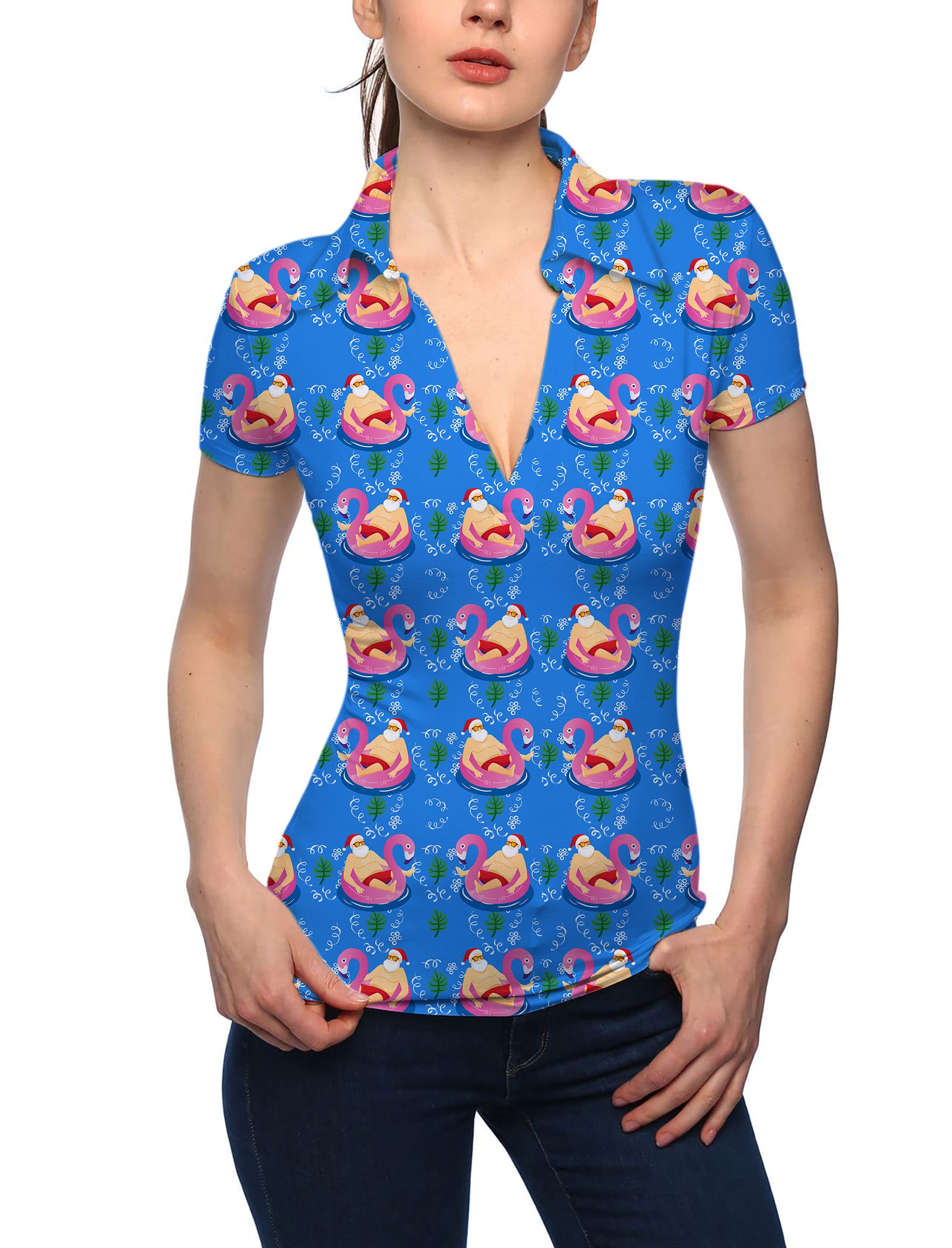 Women's Santa Pool Party V Neck Golf Polo Christmas