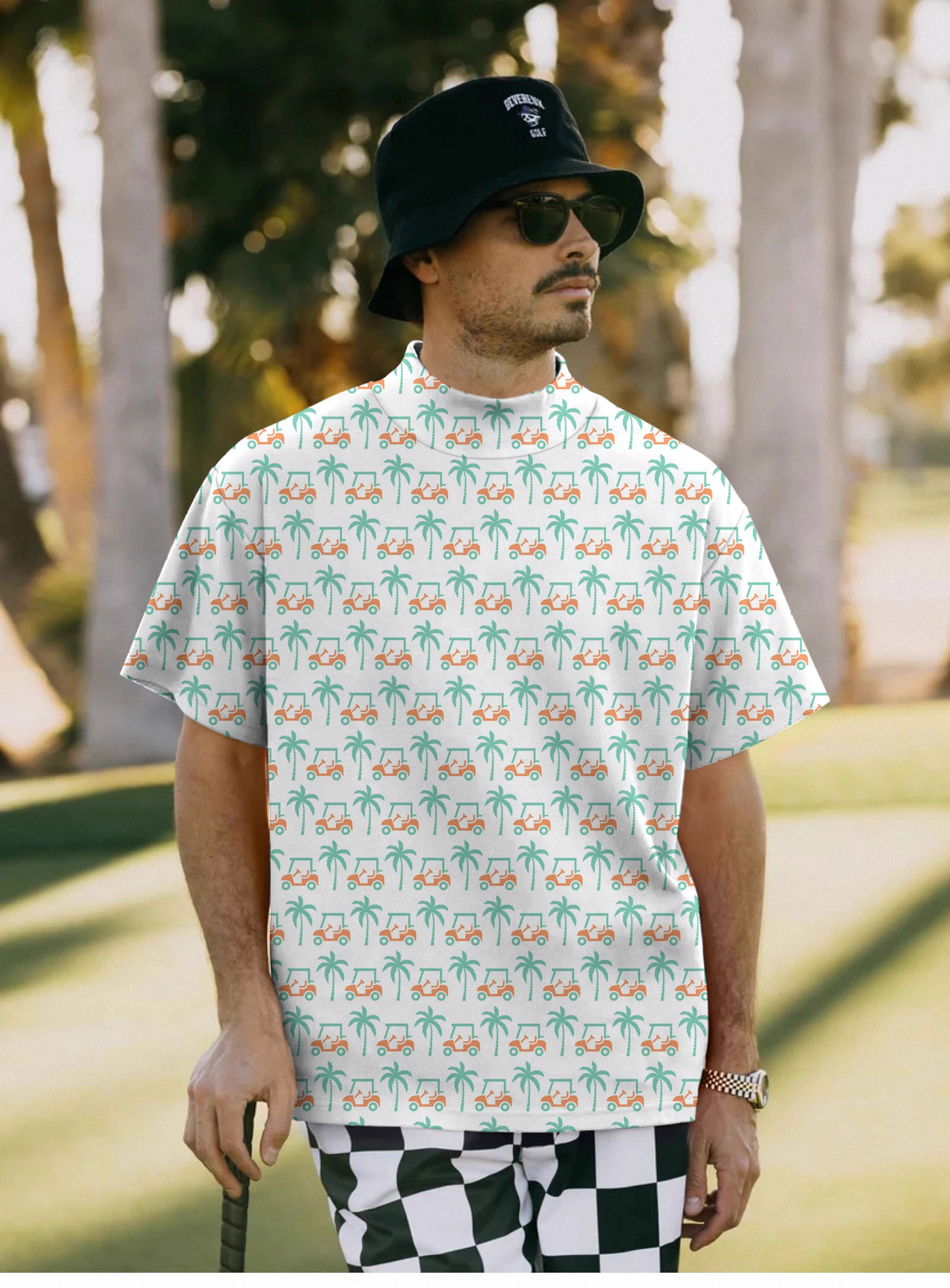 Men's Palm trees and golf carts Pullover High neck Long/Short sleeve T-Shirt