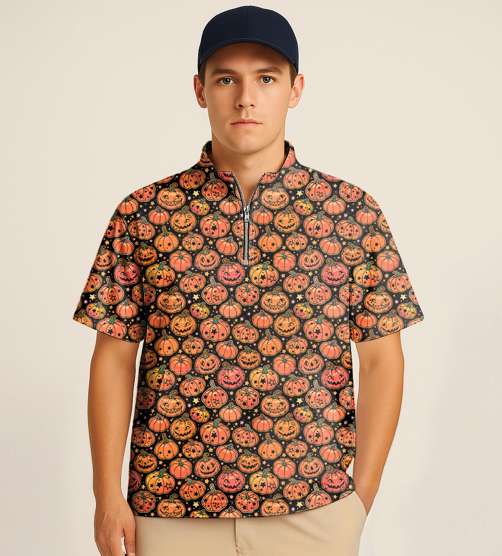 Man wearing half zipper turtleneck golf shirt with Halloween pumpkin and star embroidery pattern