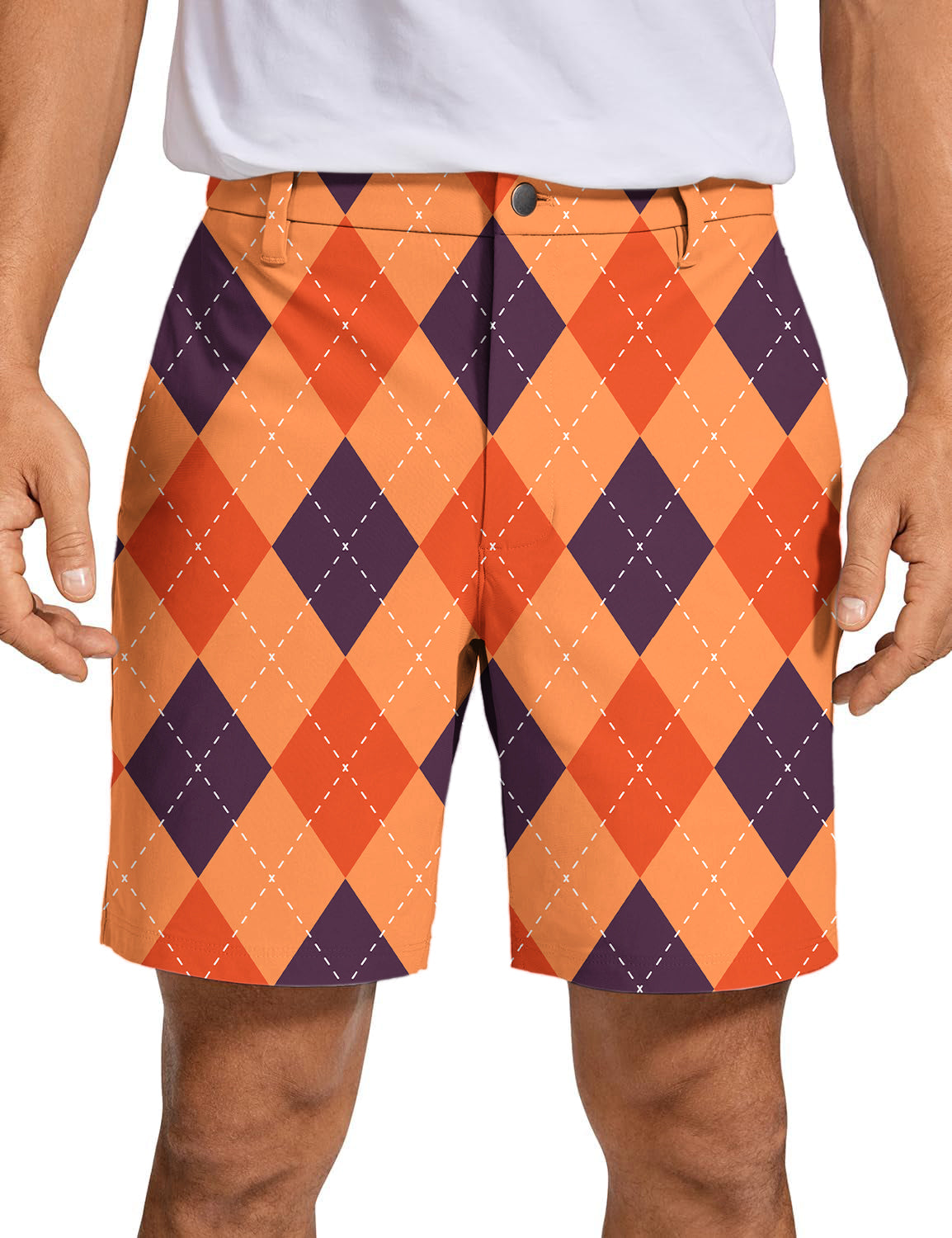 Men's Halloween black red orange argyle golf shorts with quick dry, lightweight, and wrinkle-free performance fabric