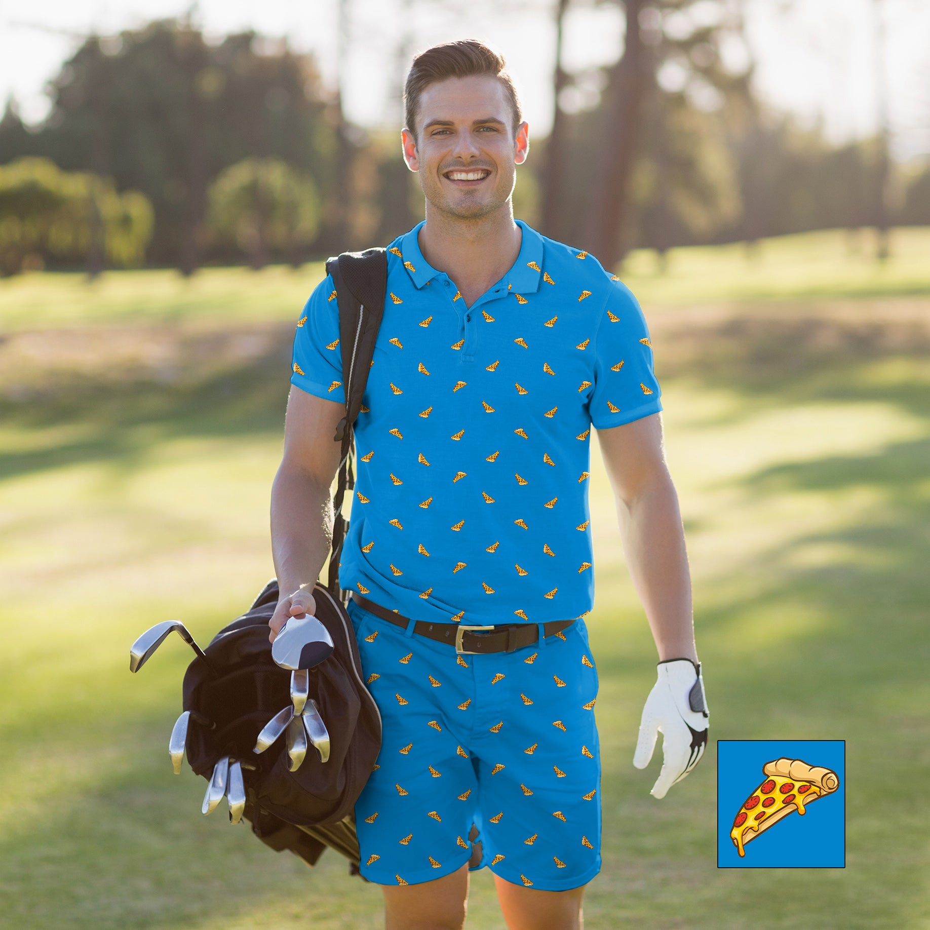 Men's Golf Set Polo+Shorts Delicious White Pizza Custom The Background Color