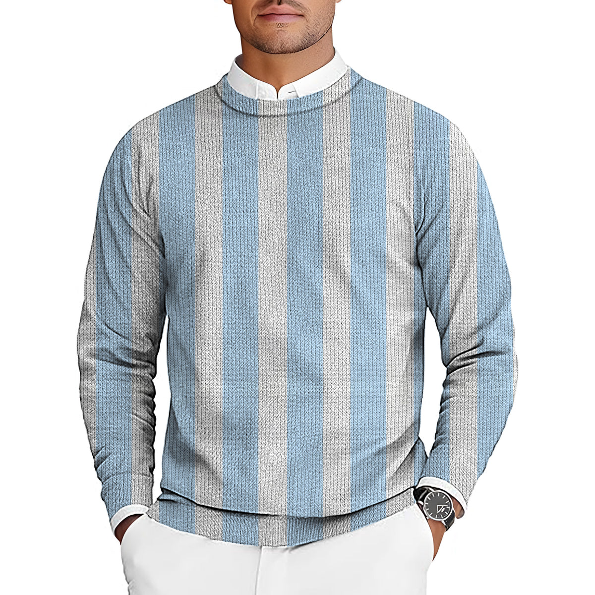 Blue and white vertical stripes Men's Golf Crewneck Pullover Sweaters Ugly Sweater