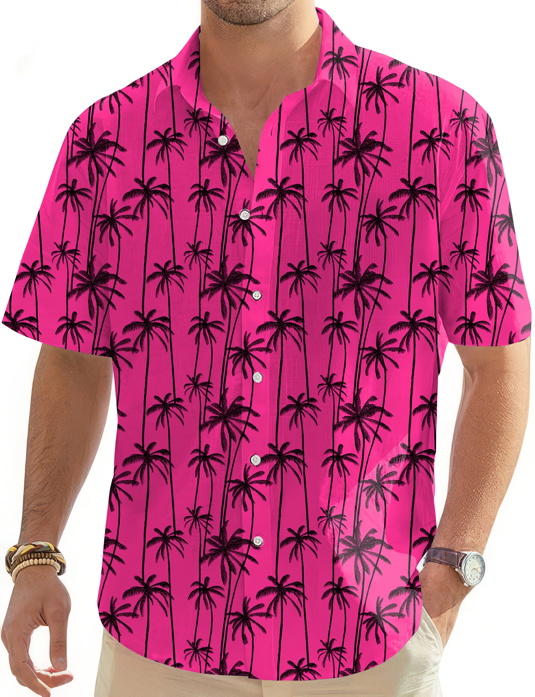Rose-Red Coconut Trees Men's Golf Hawaiian Shirts Button Down Shirt
