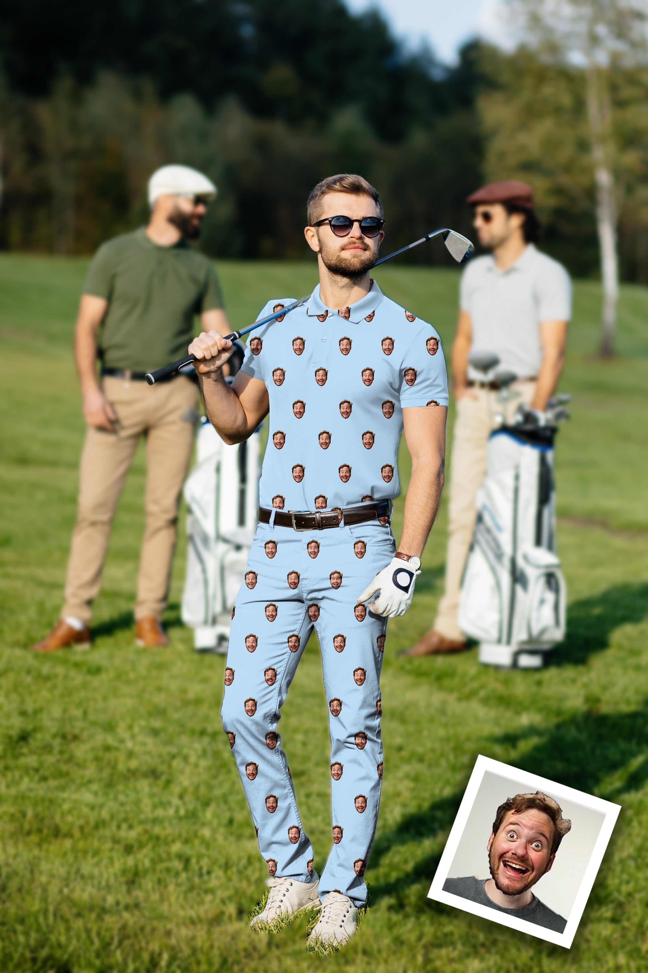 Men's golf set with custom photo funny face polo and pants on a golf course