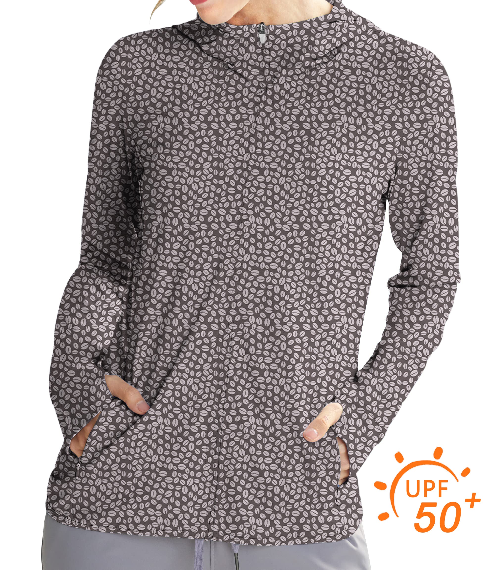Women's outdoor coffee beans pattern sun protection slim fit zip hoodie with thumb holes and UPF 50+ fabric