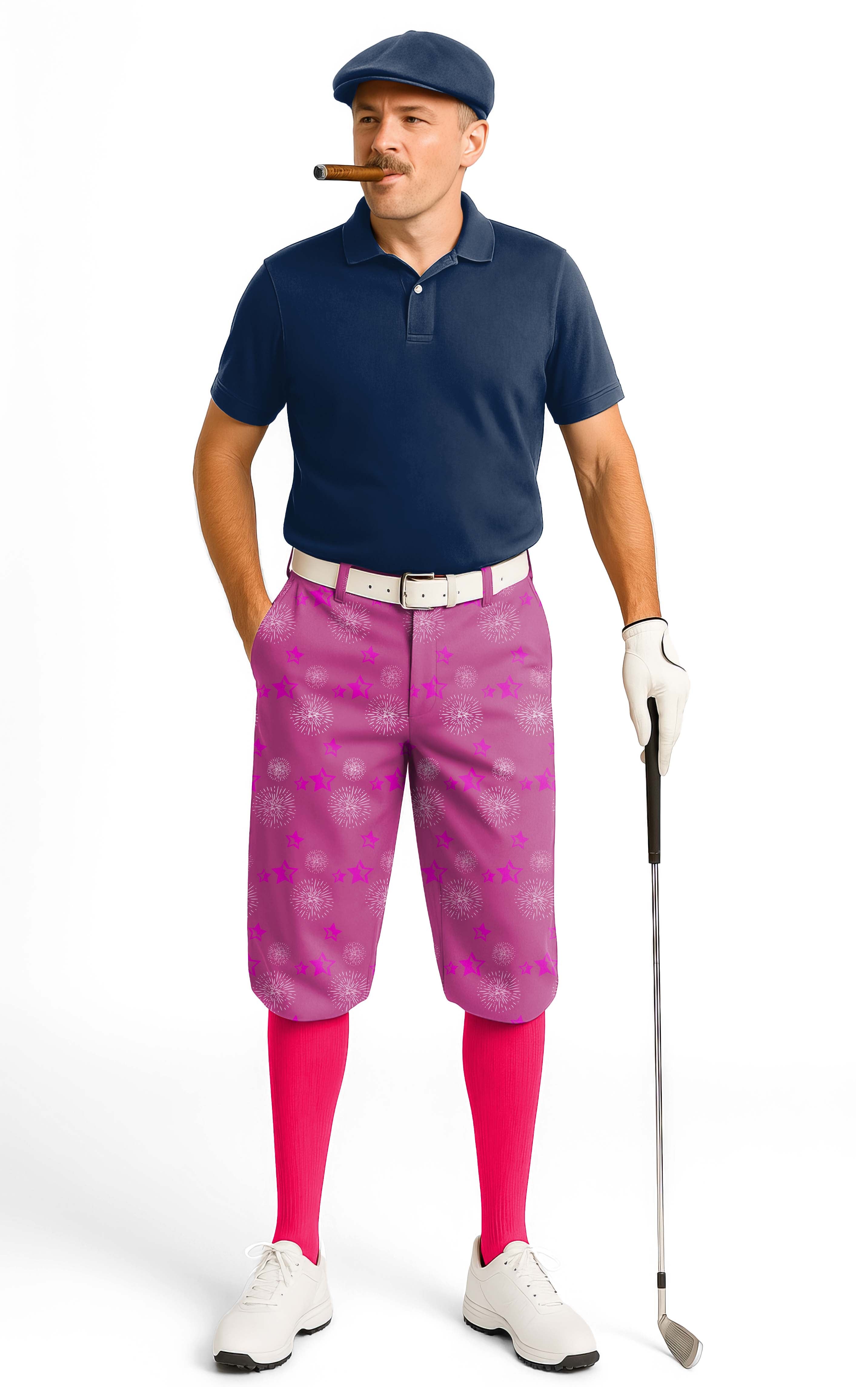 Limited edition men's golf knickers with pink pentagram print, snug ankle cuffs, and breathable performance fabric.