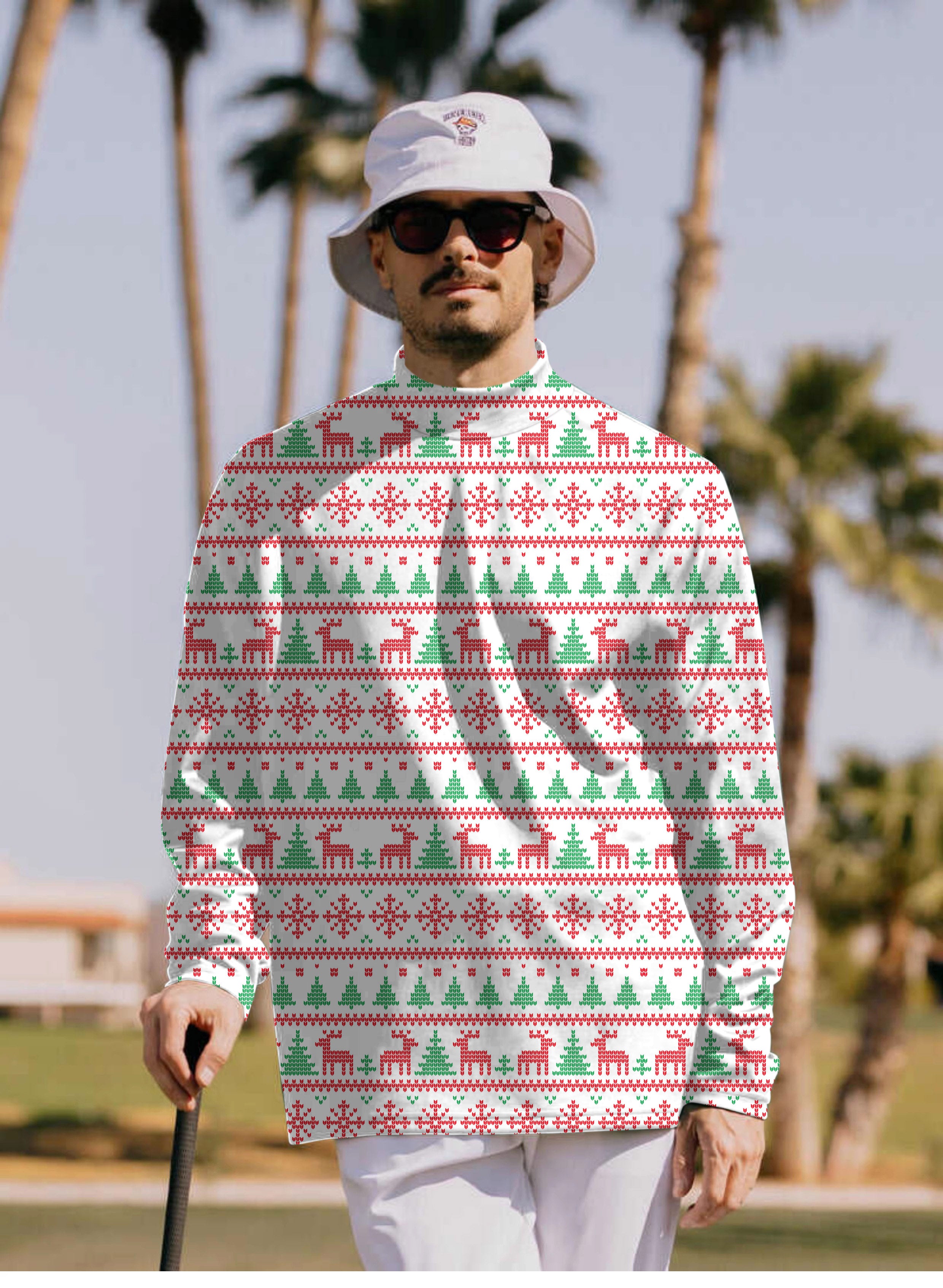 Men's Christmas reindeer Pullover High neck Long/Short sleeve T-Shirt