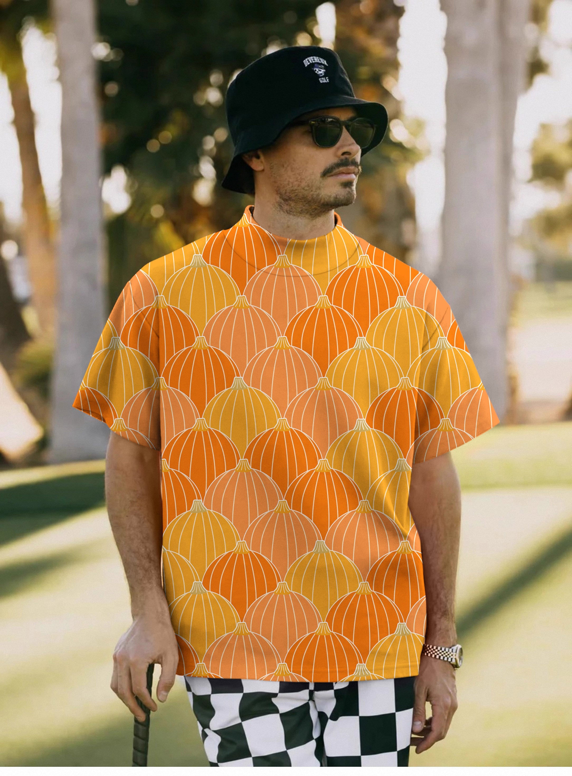 Men's Halloween Thanksgiving Pumpkin Bones Pullover t-shirt with pumpkin pattern and high neck design