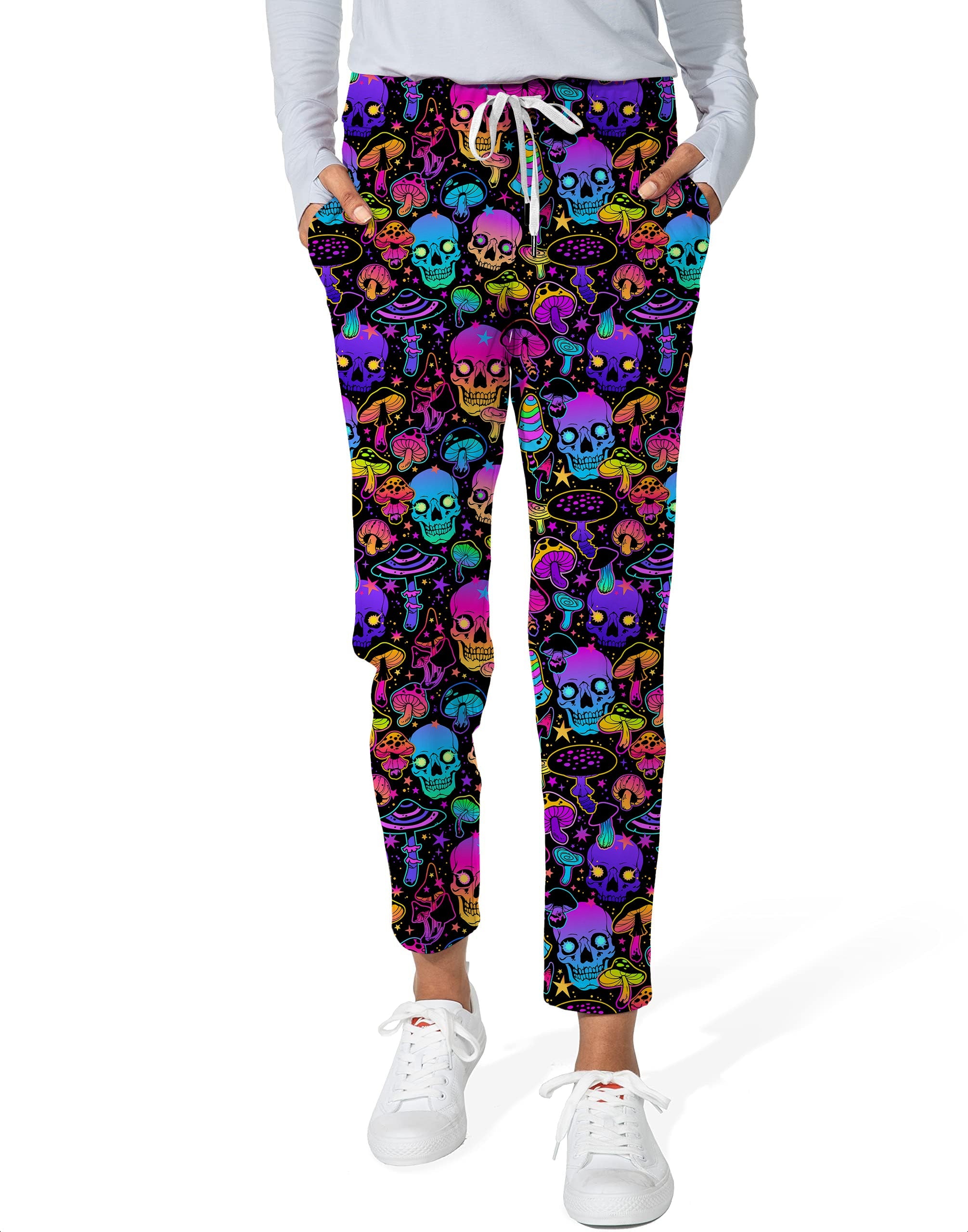 neon skull women's 7/8 stretch ankle golf pants with colorful skulls and mushrooms print