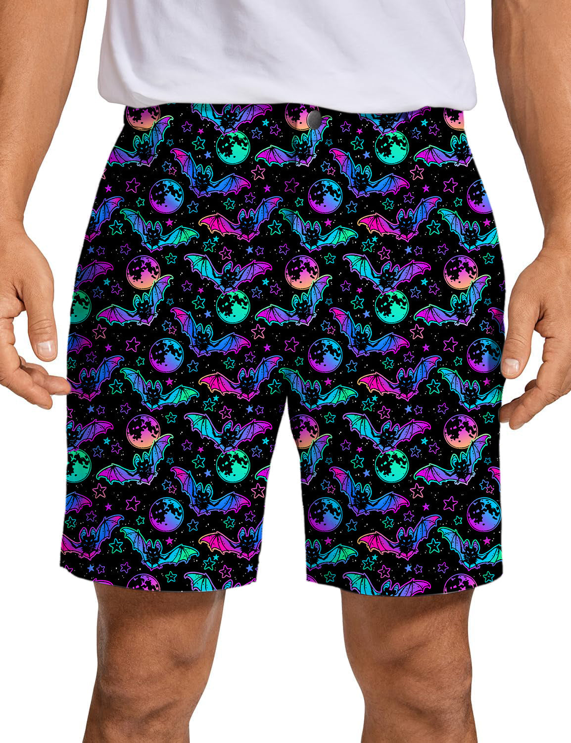 Men's Halloween bat moon golf shorts with colorful moon and bat pattern on black background